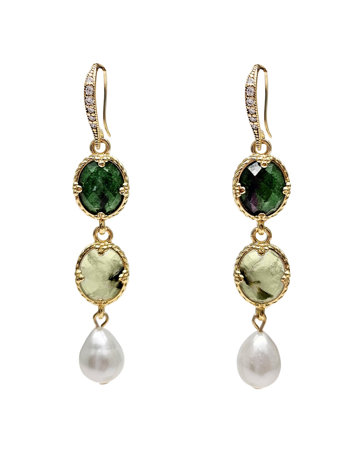 Green Gemstone and White Pearls Dangle Earrings PE043 | Elegant Jewelry for Women, Perfect for Parties, Weddings & Special Occasions