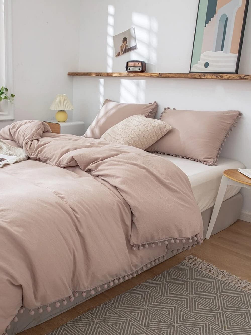 Boho Duvet Cover Set - King/Queen Size Beige Tassel Bedding for Cozy Bedroom