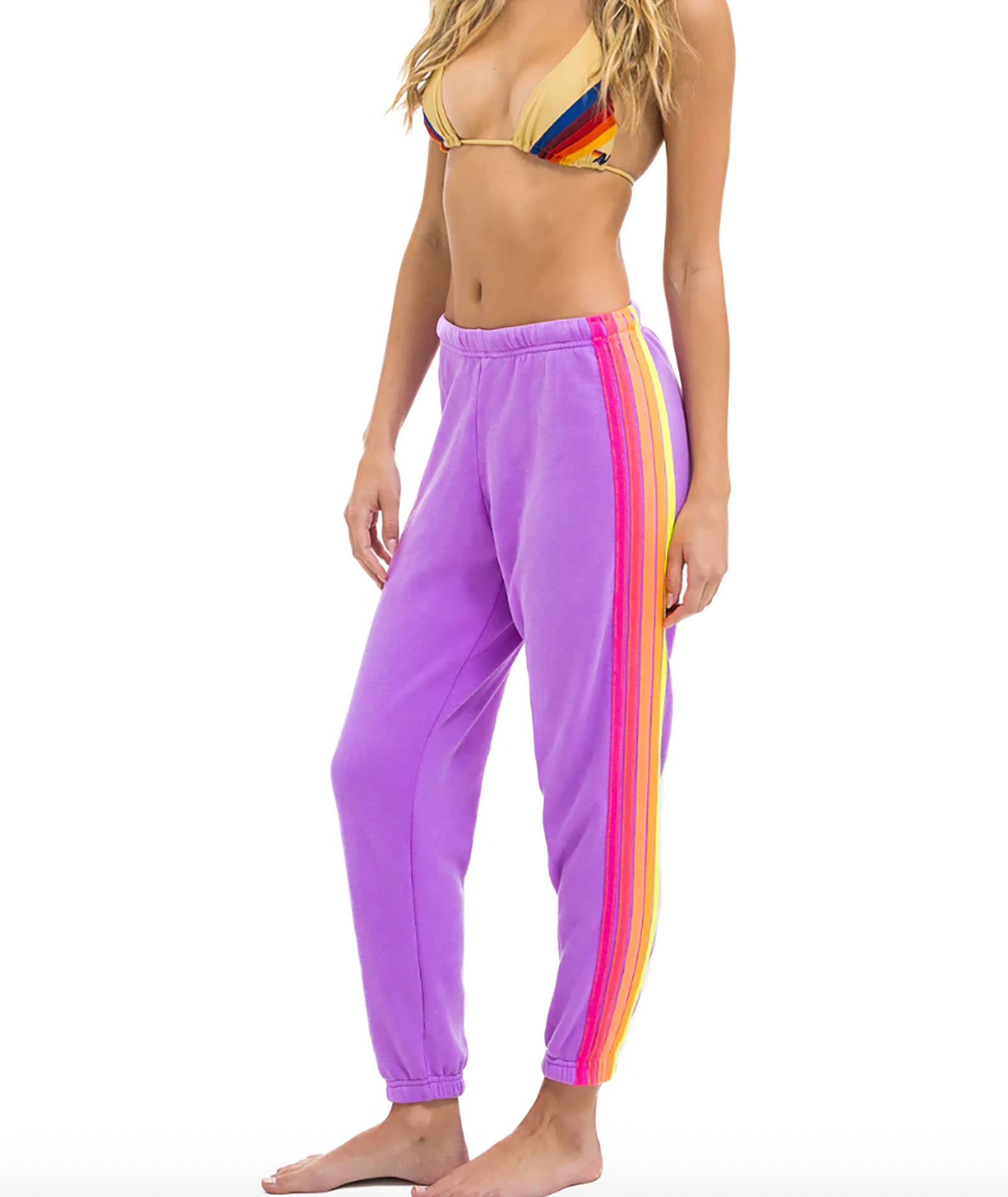 Aviator Nation Women's 5 Stripe Sweatpants - Neon Purple/Neon | Comfortable Lounge Pants for Yoga, Running & Casual Wear