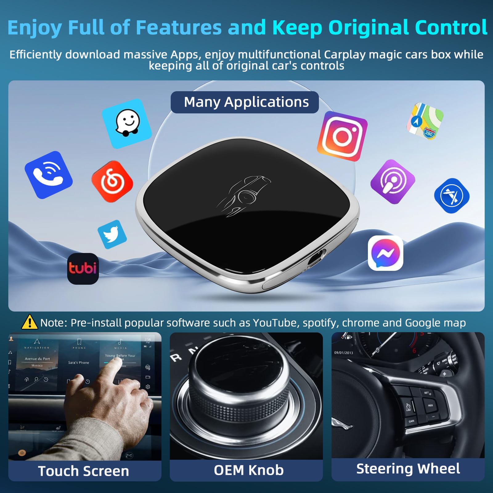Podofo 4+64GB 8-Core Android 13 CarPlay AI Box - Wireless Apple CarPlay & Android Auto Adapter with Bluetooth, Plug & Play, Auto-Connect - Supports Mirror Link, SIM Card, Netflix & YouTube - Perfect for Tesla, BMW, Audi & More (Car Entertainment Upgrade)