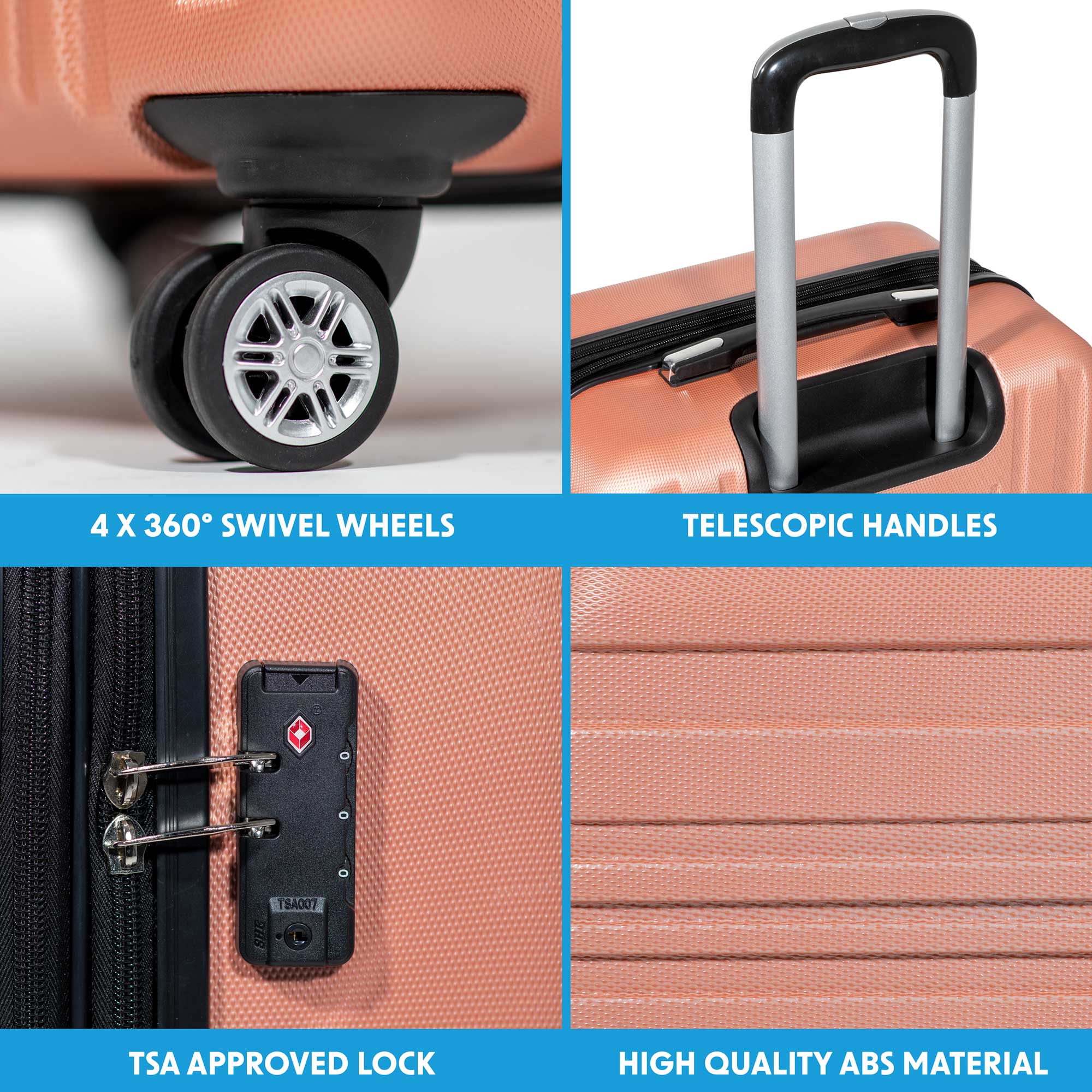 3-Piece Lightweight ABS Luggage Set with TSA Lock - Rose Gold (DL125) for Travel, Business Trips & Vacations