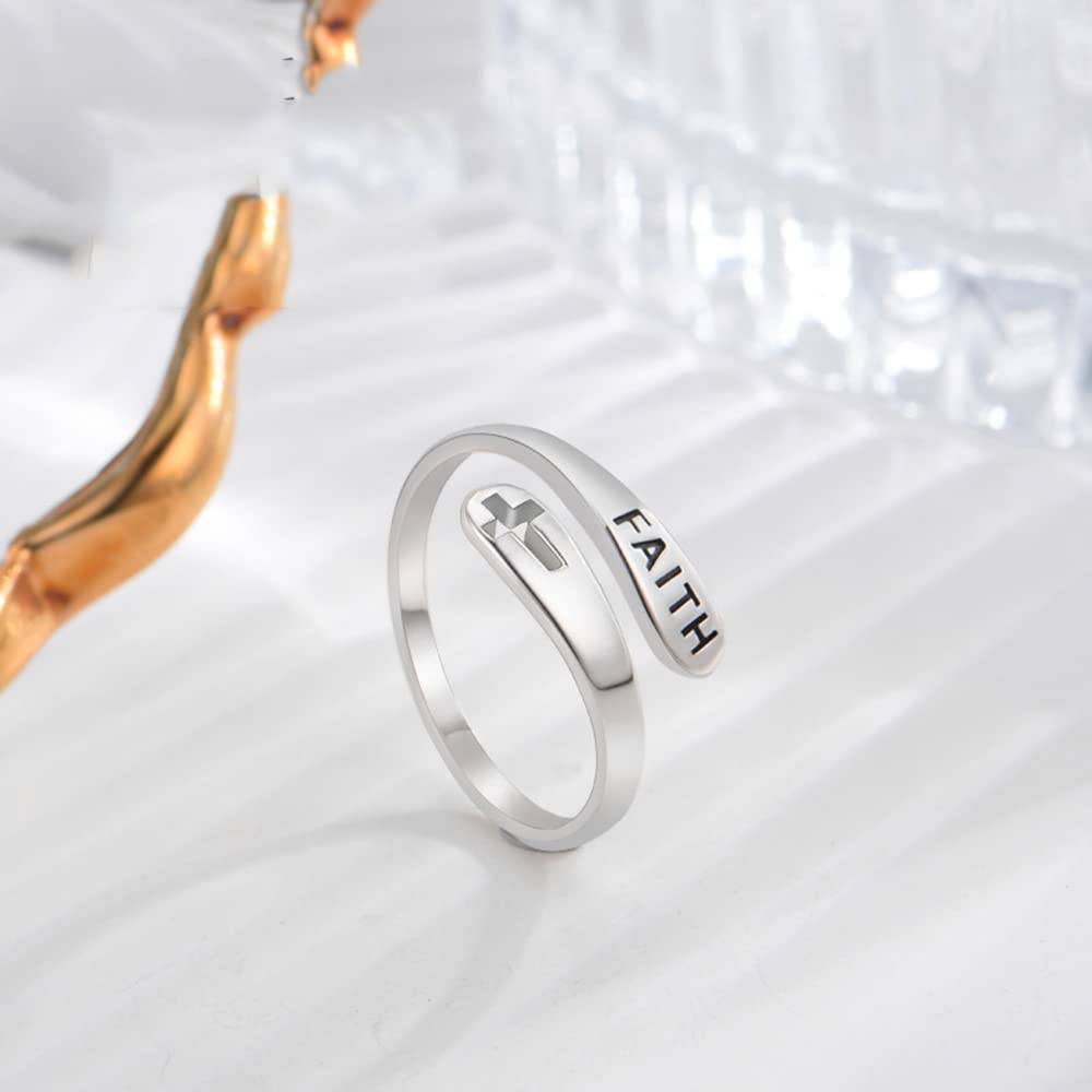 Faith Cross Sterling Silver Open Statement Rings - Adjustable Minimalist Hope Love Eternity Wedding Band Promise Ring - Wrap Finger Bands Fashion Jewelry Gifts for Women & Men - Perfect for Christmas, Weddings, Anniversaries & Daily Wear