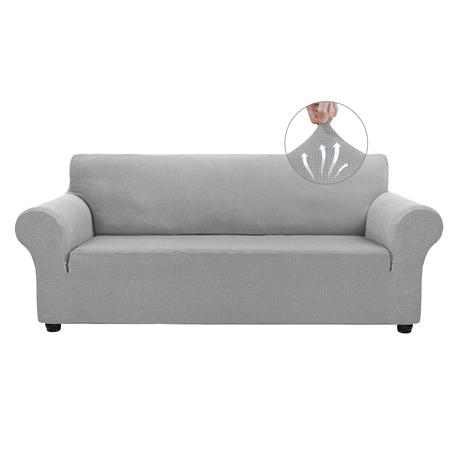 Stretch Sofa Slipcovers for 3-Cushion Couches - Pet Proof Furniture Protector for Dogs & Cats - Spandex Jacquard Fabric with Small Check Pattern (Large, Silver) - Perfect for Living Room, Family Room & Pet-Friendly Homes