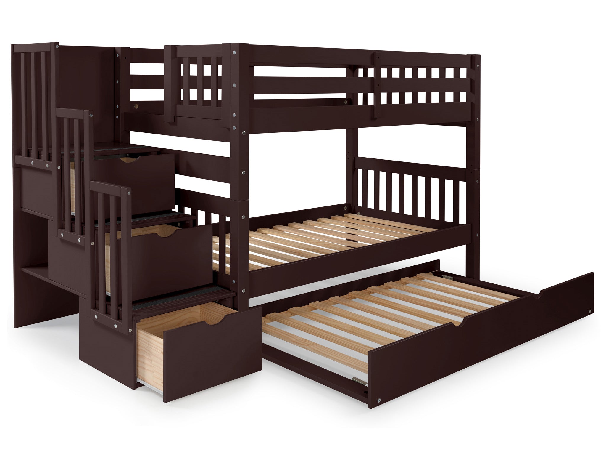 Twin Over Twin Bunk Beds with Stairway & Trundle - Dark Cherry Finish | Space-Saving Kids Bedroom Furniture for Siblings or Sleepovers