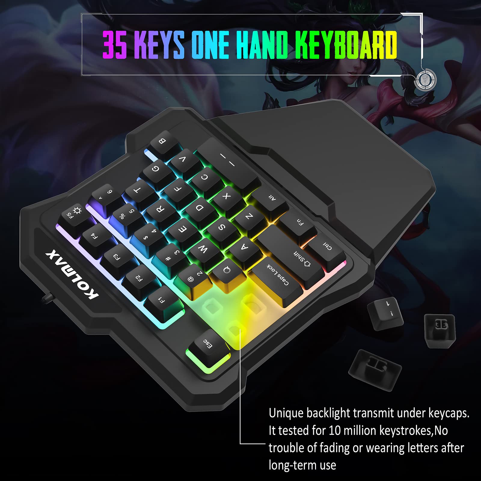 RGB One-Handed Gaming Keyboard and Mouse Combo - USB Wired Mechanical Feel Keypad with Wrist Rest & Ergonomic Gaming Mouse for PC, Laptop, Xbox, PS4 - Perfect for FPS, MMO Gaming and Office Work