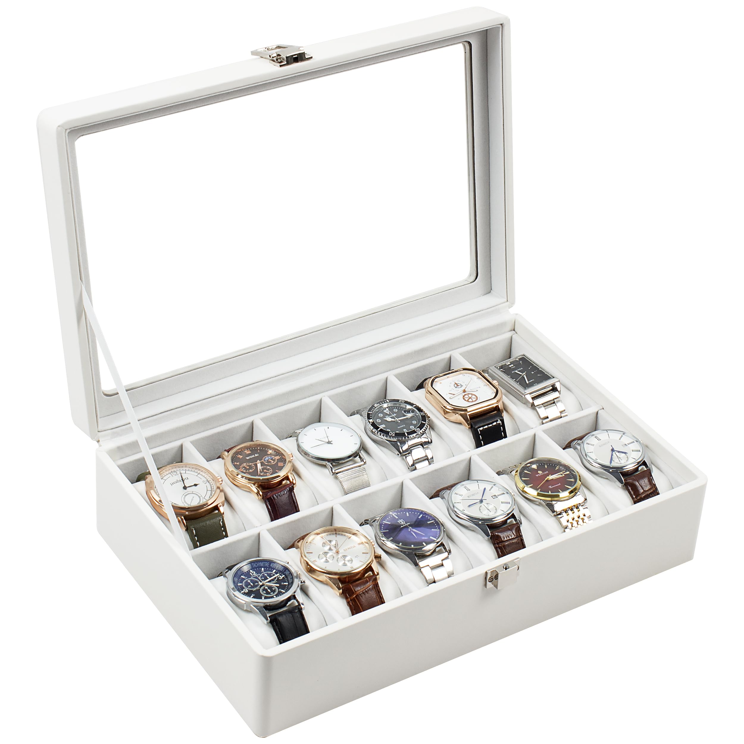 Premium GUKA 12-Slot Watch Box with Real Glass Lid & Removable Pillows - Luxury White Synthetic Leather Watch Organizer for Men | Perfect for Watch Collection Display, Storage & Travel