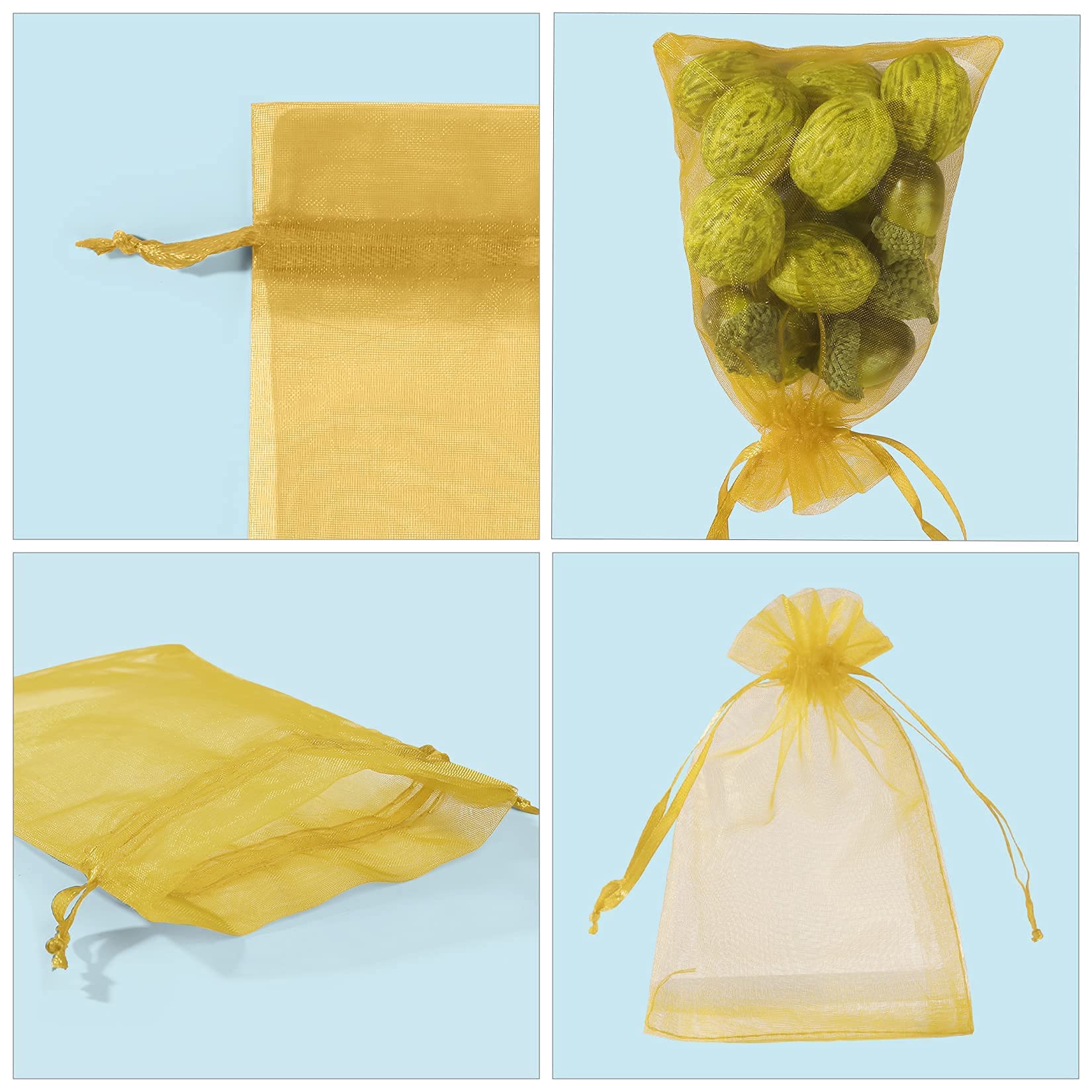 ANZNKU 100 Pack 4x6 Inch Premium Organza Drawstring Bags - Golden Jewelry Gift Bags for Wedding, Party & Christmas - Sheer Mesh Favor Bags for Rings, Candies, Small Gifts & Party Favors