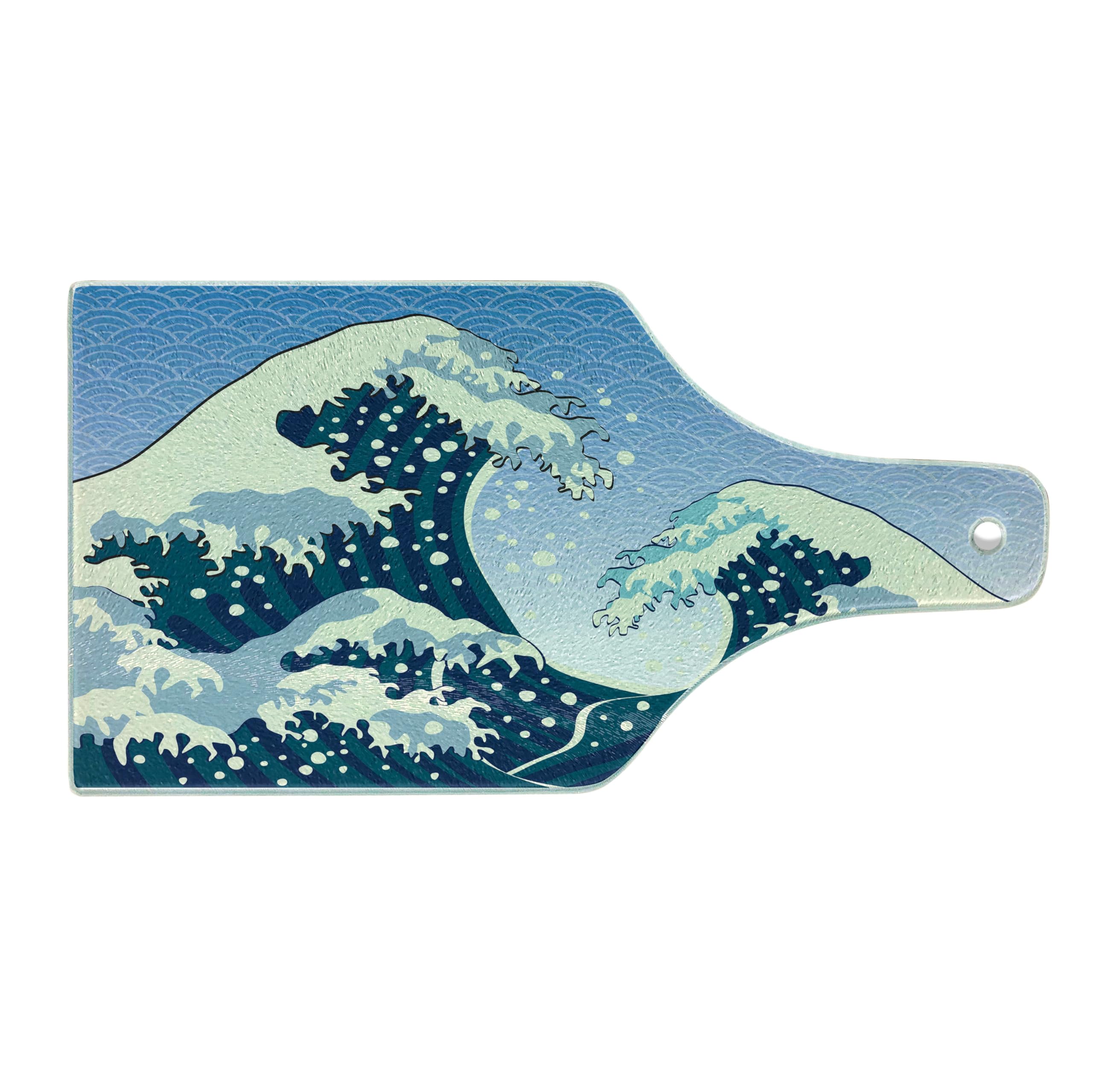 Ambesonne Japanese Wave Tempered Glass Cutting Board - Far Eastern Oceanic Storm Art, Teal Blue White Wine Bottle Design - Perfect for Sushi Serving, Charcuterie Display & Kitchen Decor