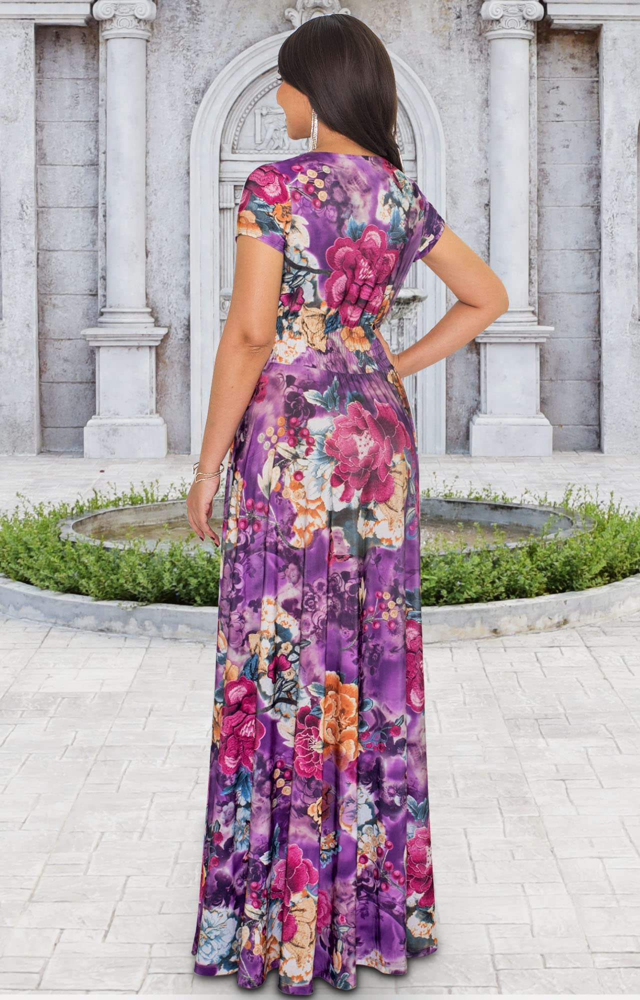 KOH KOH Women's Floral Print Summer Maxi Dress - Long Flowy Modest Gown with Short Sleeves | Perfect for Beach Vacations, Garden Parties & Casual Outings