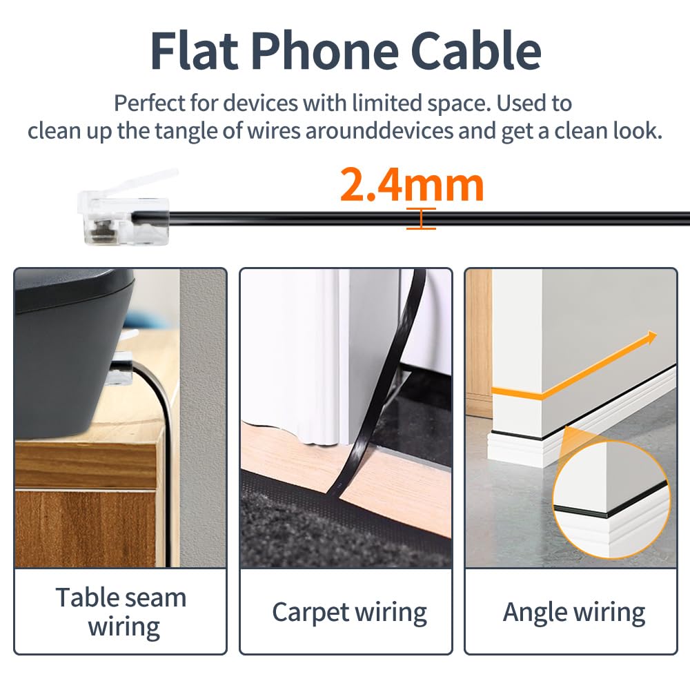 XANHAM 10ft Phone Cable - 2 Pack RJ11 6P4C Telephone Cord for Landline Phones, Fax Machines & Modems | In-Wall & Out-Wall Use | Durable Black Wiring | Perfect for Home Office, Business & Telecom Setup (Model AV04606)