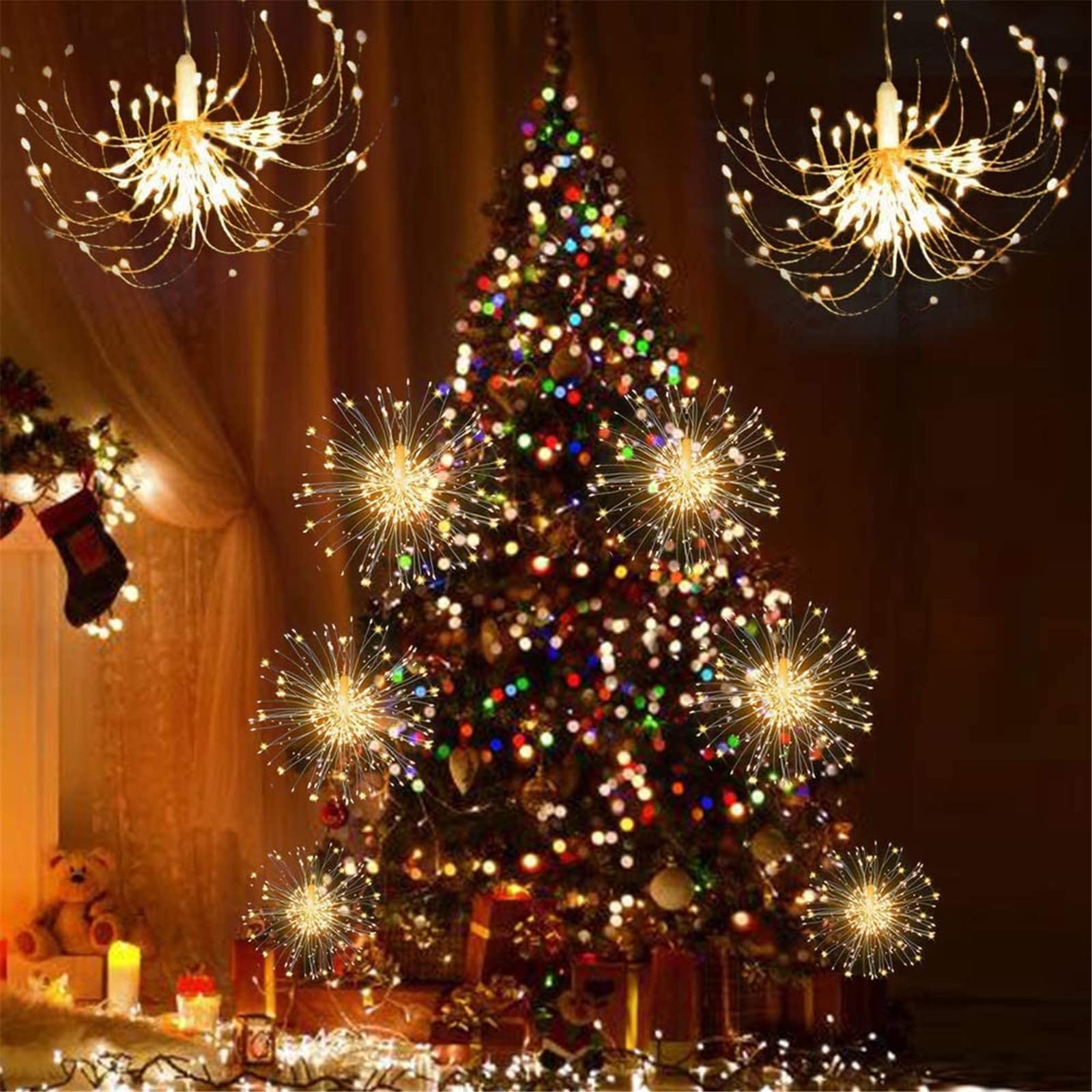 120 Pcs LED Copper Wire Starburst String Lights - 8 Modes Battery Operated Fairy Star Sphere Lights with Remote, Warm White Waterproof Hanging Decorations for Bedroom, Wedding, Party & Outdoor Use