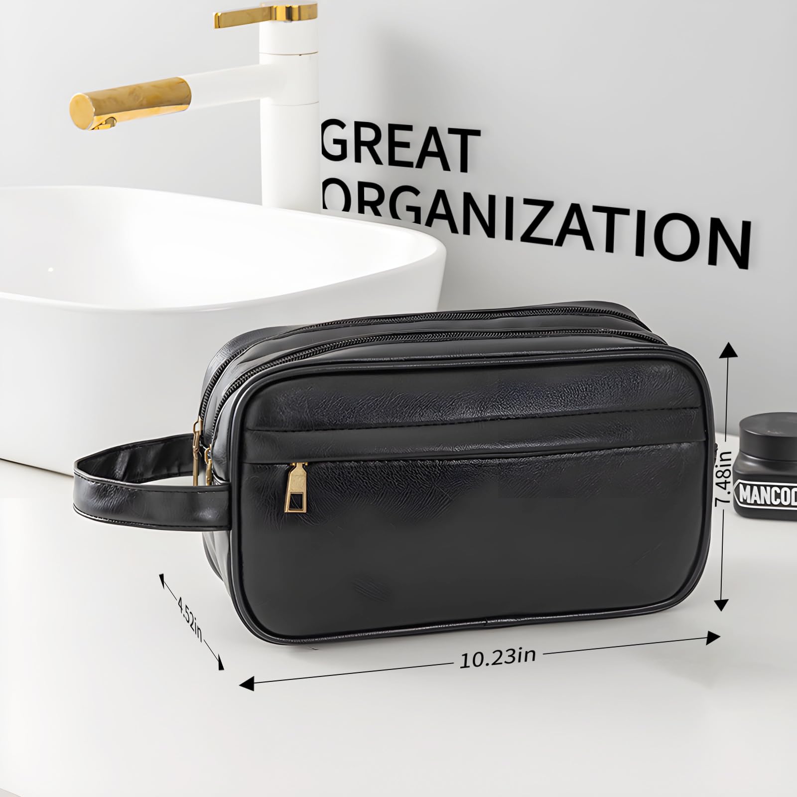 Premium PU Leather Toiletry Bag for Men - Large Water-Resistant Travel Organizer with Portable Handle - Perfect for Shaving Kits, Cosmetic Storage & Door Room Essentials (Black) - Ideal for Business Trips, Gym Visits & Weekend Getaways