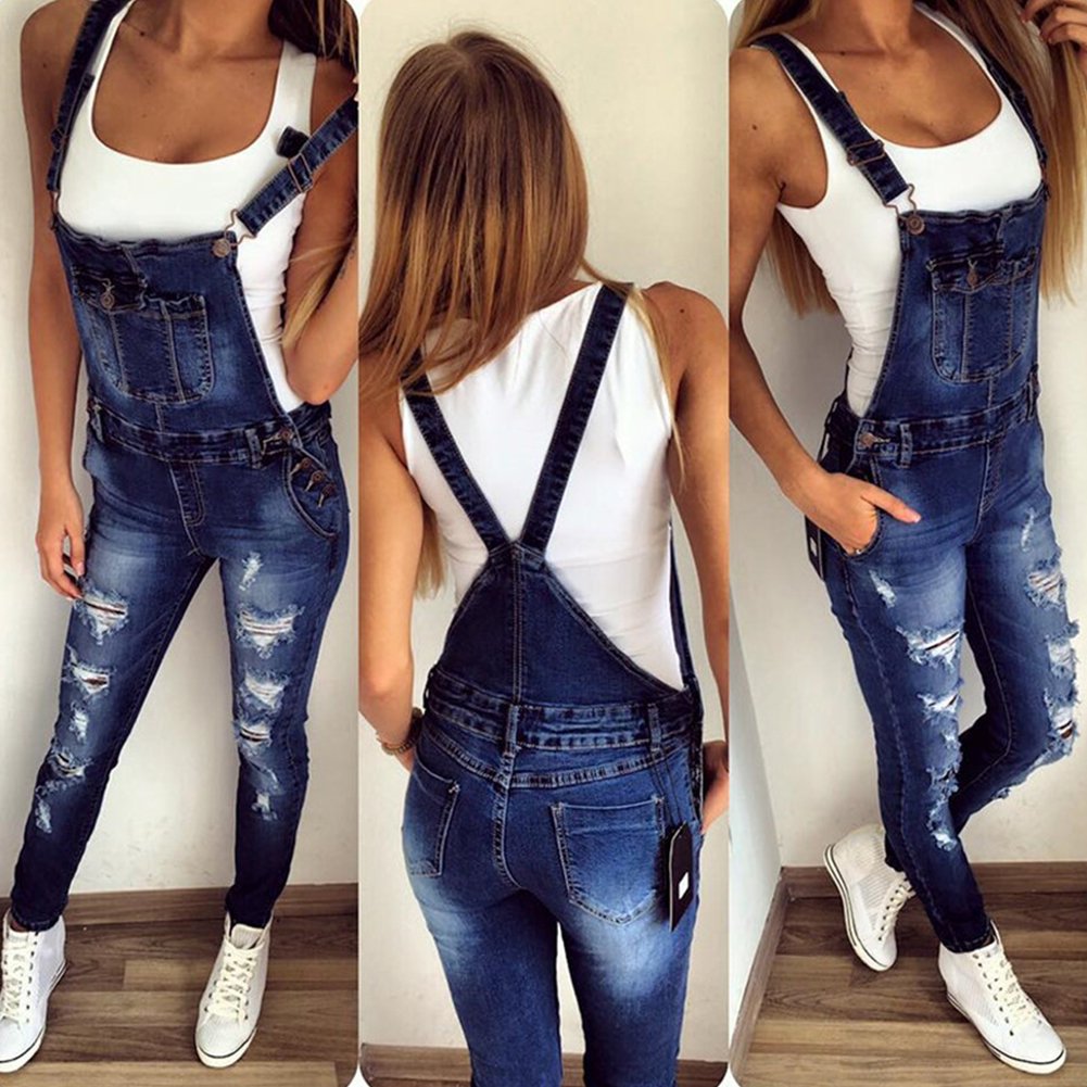 Women's Distressed Denim Overalls with Adjustable Straps - Vintage Ripped Bib Jumpsuit for Casual Wear, Street Style & Outdoor Activities