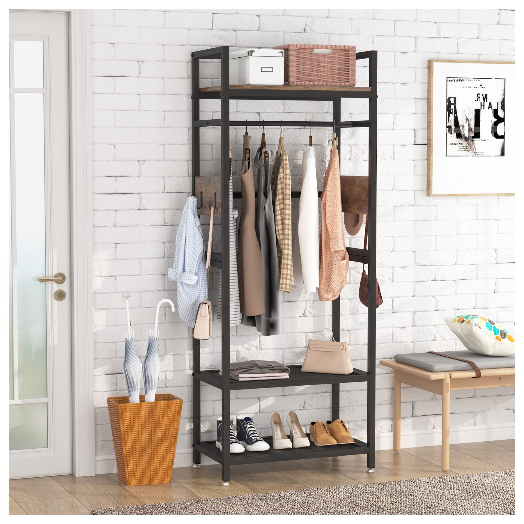 Tribesigns Industrial Hall Tree - Freestanding Coat Rack with Shoe Storage Shelf & Hooks, Entryway Organizer for Clothes, Jackets & Accessories | Rustic Brown Wooden Garment Rack | Perfect for Hallway, Bedroom, Mudroom & Small Space Entry Organization