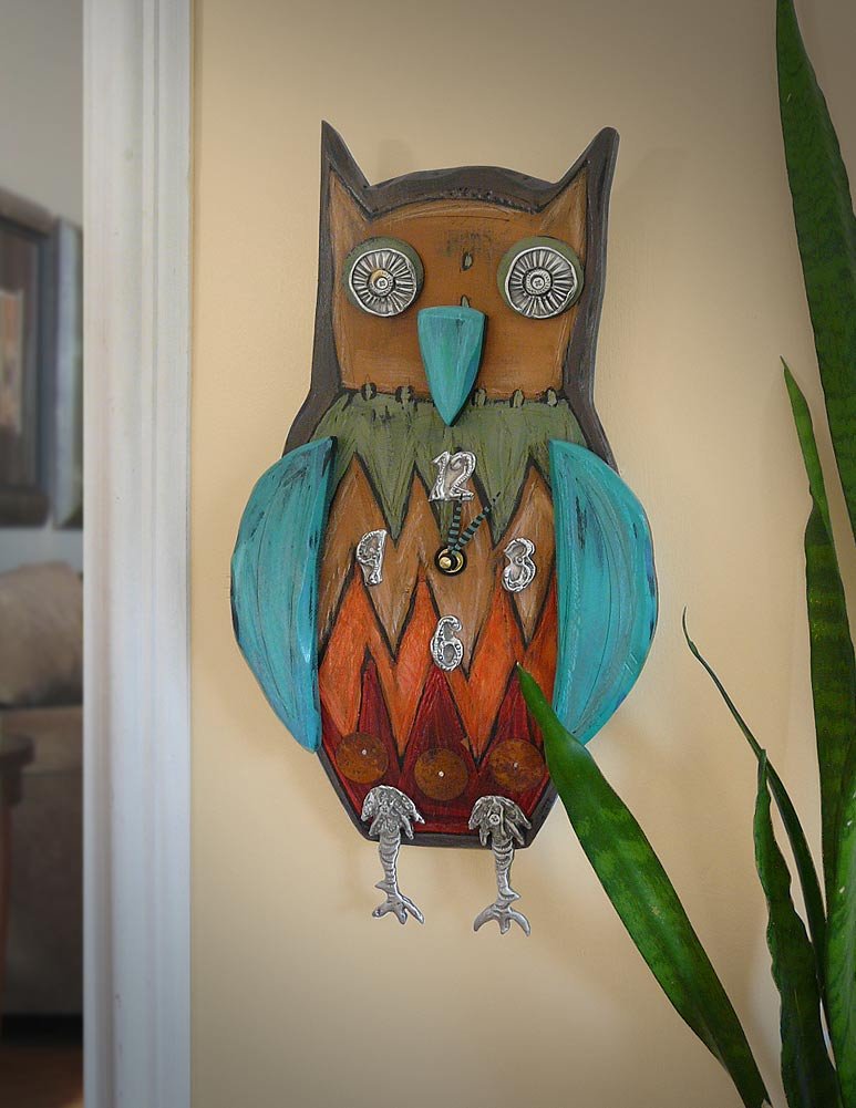 Handcrafted Folksy Owl Wall Clock - 17