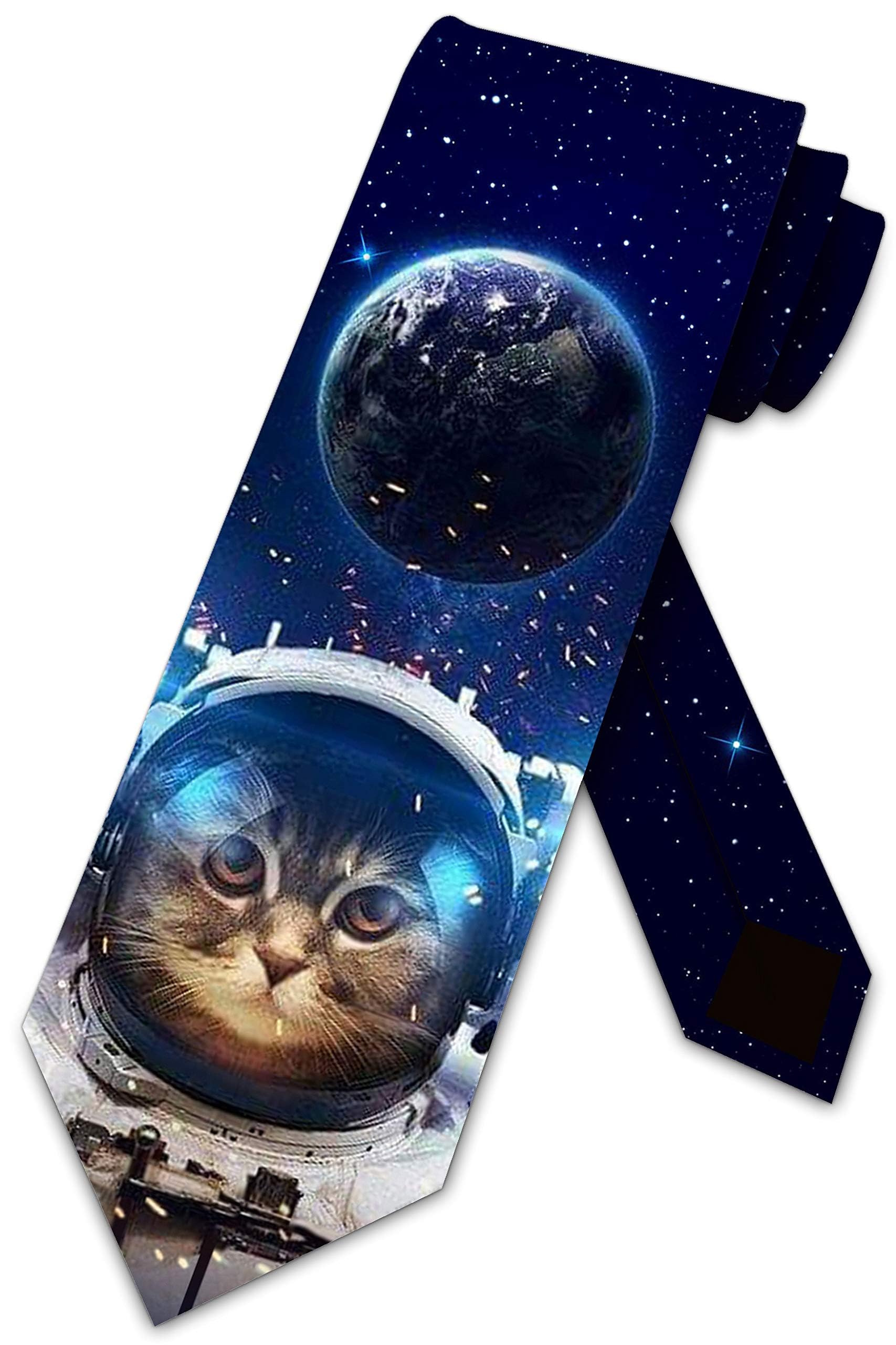Three Rooker Space Cat Tie for Men - Funny Astronaut Cat Necktie | Perfect for Cosplay, Office Humor & Geek Fashion