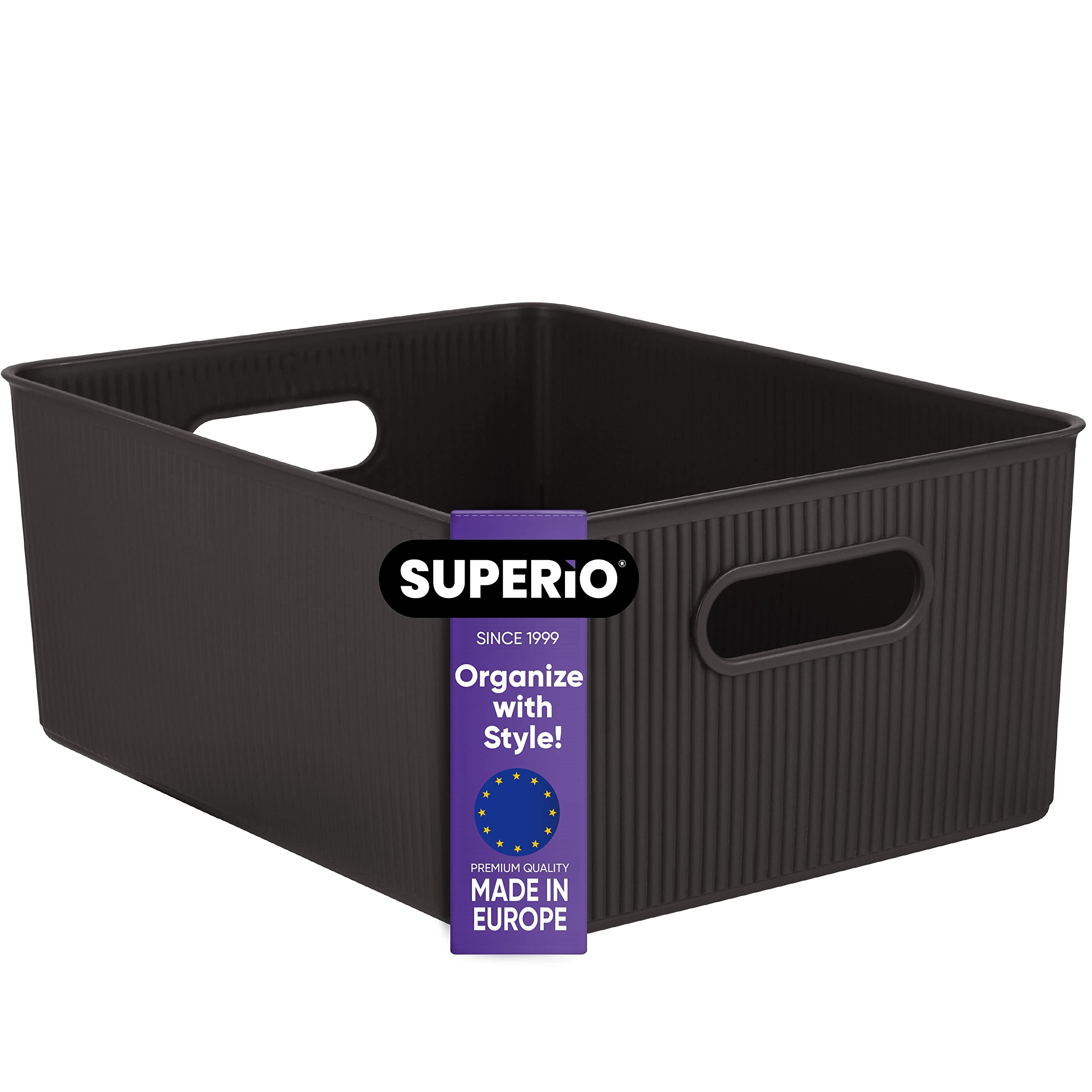 Superior Ribbed Plastic Storage Bins - 15 Liter/16 Quart Decorative Home Organizer Baskets (1 Pack, Brown) for Closet, Shelves, Drawer & Home Organization | Perfect for Bedroom, Bathroom & Office Storage