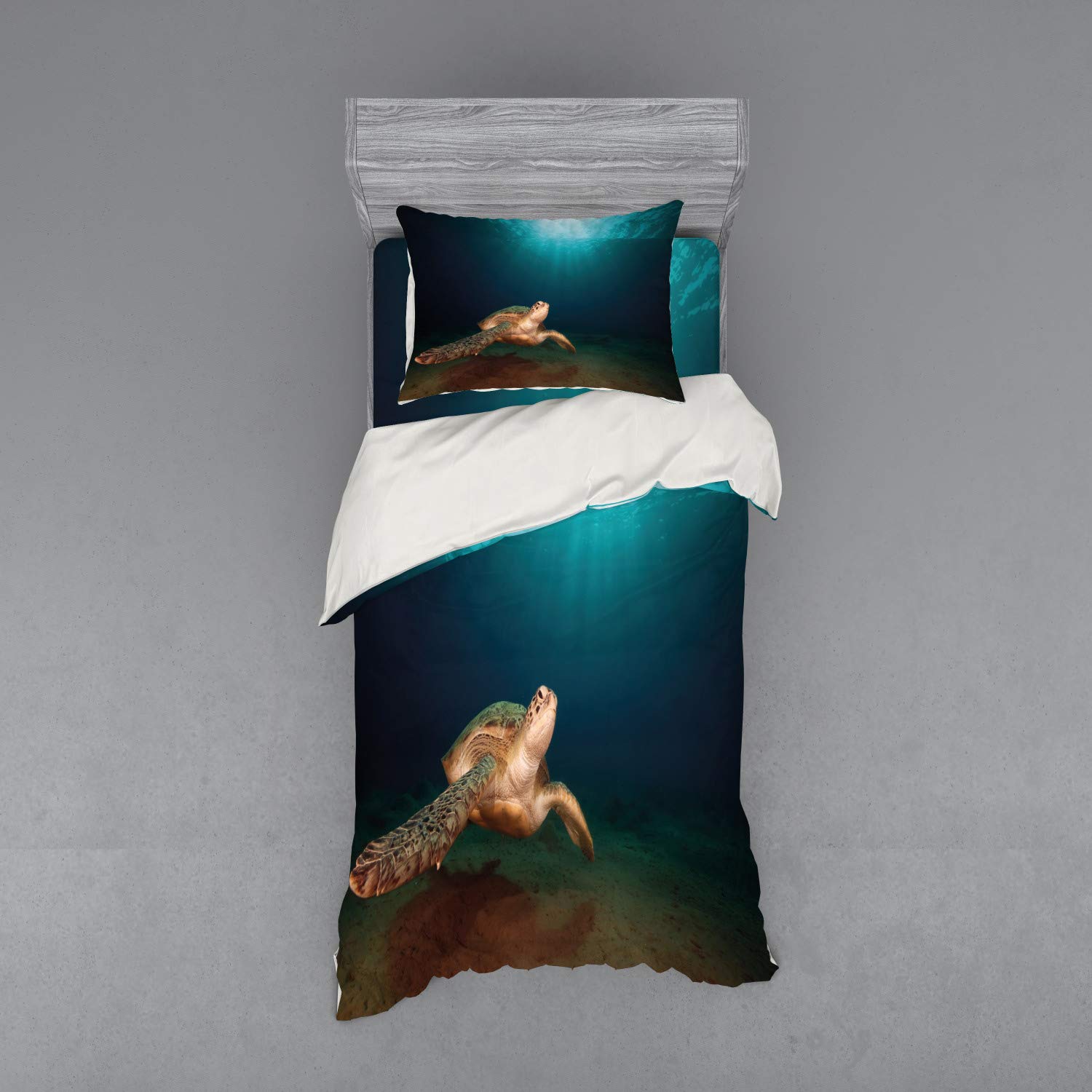 Ambesonne 3-Piece Turtle Duvet Cover Set - Twin Size, Green Turtle Swimming Underwater with Sunbeams Aquatic Wildlife Design, Includes Duvet Cover + Sham + Fitted Sheet (Aqua, Dark Blue, Pale Brown) | Perfect for Kids' Bedroom, Beach House Decor or Wildlife Theme Nursery