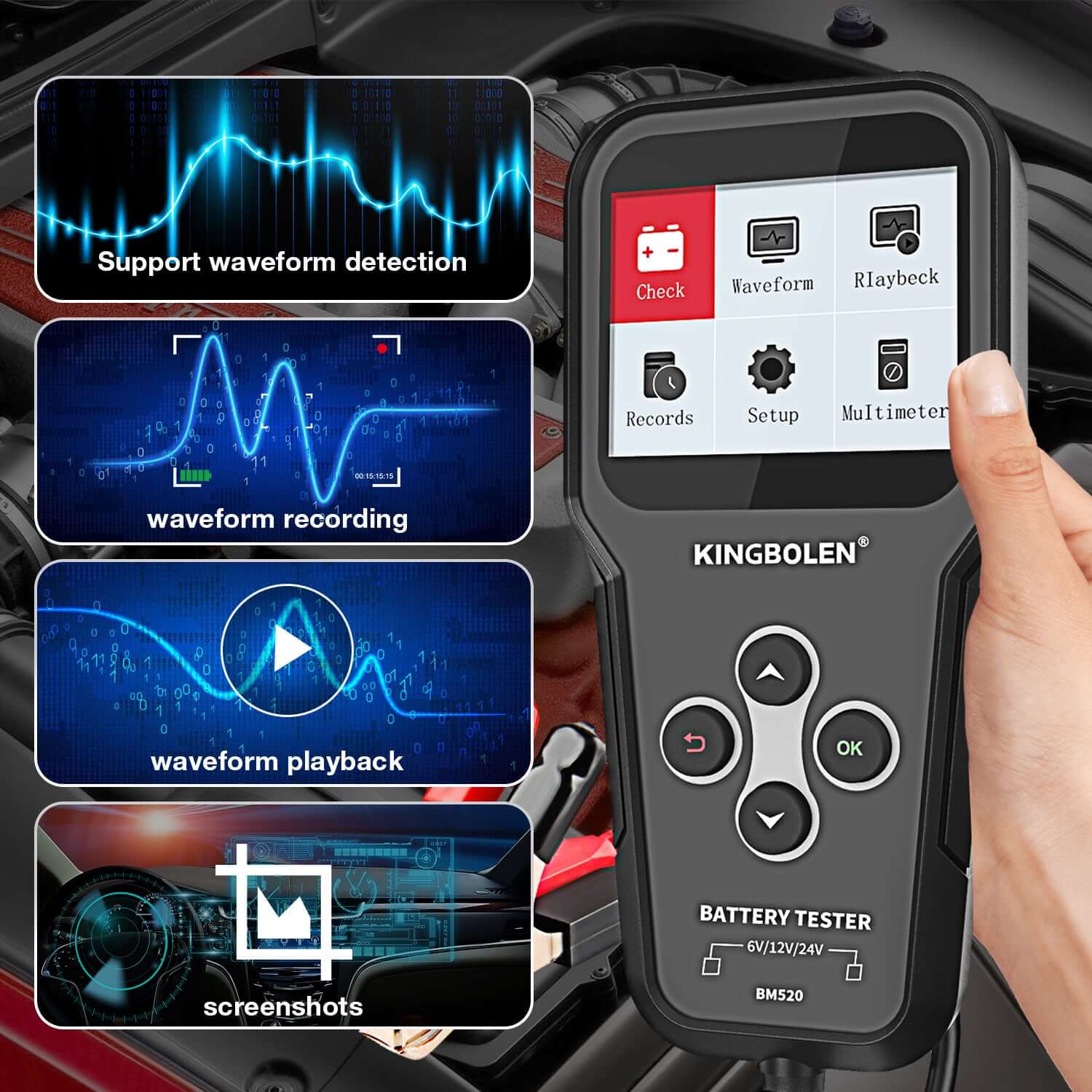 KINGBOLEN® BM520 6V 12V 24V Car Battery Tester - Digital Automotive Battery Analyzer for Cars, Trucks & Motorcycles - Perfect for Home Mechanics & Auto Shops