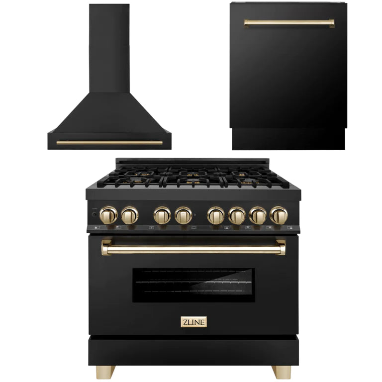 ZLINE Autograph Edition 36-inch Black Stainless Steel Dual Fuel Range with Range Hood & Dishwasher - Kitchen Package with Polished Gold Accents (3AKP RABRHDWV36 G) | Premium Cooking Appliance Set for Modern Kitchens & Home Chefs