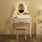 MAISMODA 10 LED Light Vanity Table with 5 Drawers & Cushioned Stool - White Makeup Dressing Desk Set for Bedroom, Beauty Salon & Home Decor