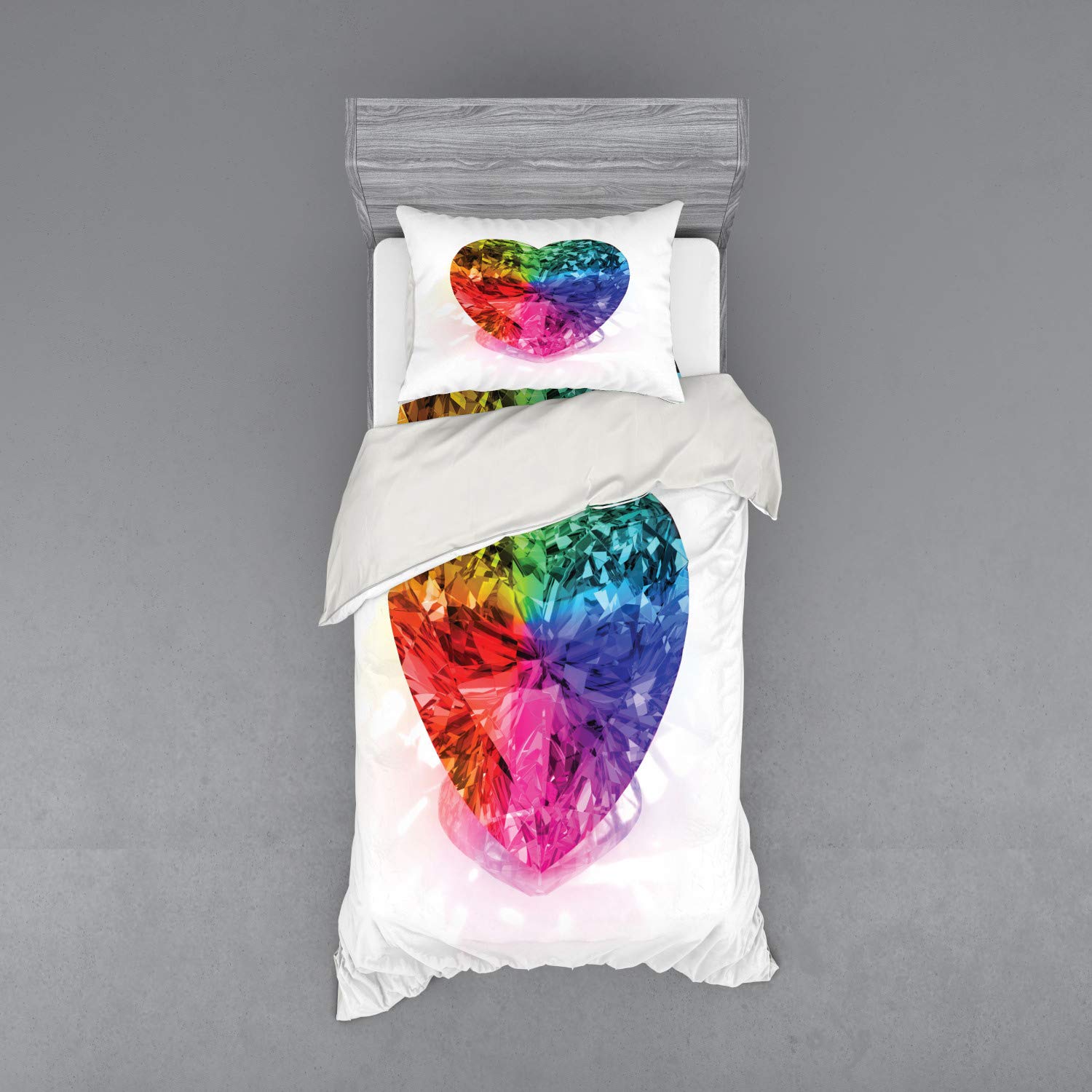Ambesonne Diamond Bedding Set - Colorful Heart Shape Diamond Print 3-Piece Duvet Cover Set with Sham & Fitted Sheet, Twin Size, Multicolor - Perfect for Romantic Bedrooms, Couples Gift & Wedding Registry