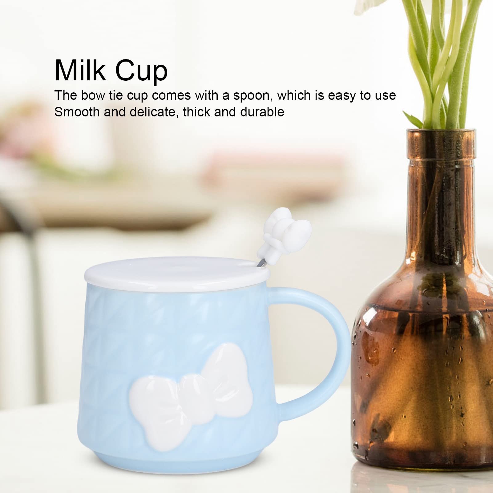 Ceramic Coffee Mug with Lid & Stainless Steel Spoon - 400ml Cute Bowknot Tea Cup for Coffee, Milk & Water - Home & Office Use (Blue)