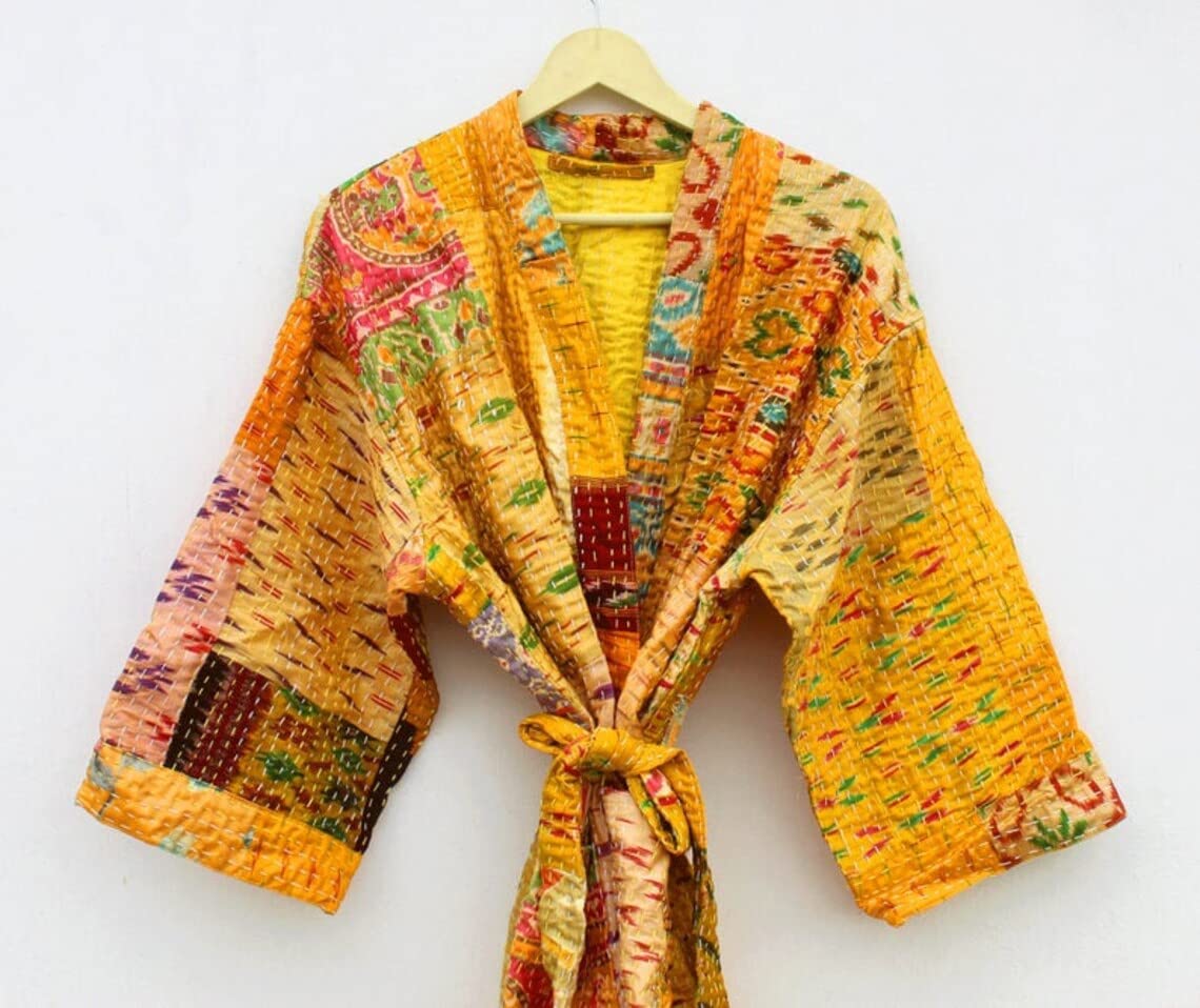 Rajbhoomi Women's Handmade Silk Patola Kantha Quilted Kimono Robe - Elegant Patchwork Overcoat Jacket for Lounge Wear & Special Occasions