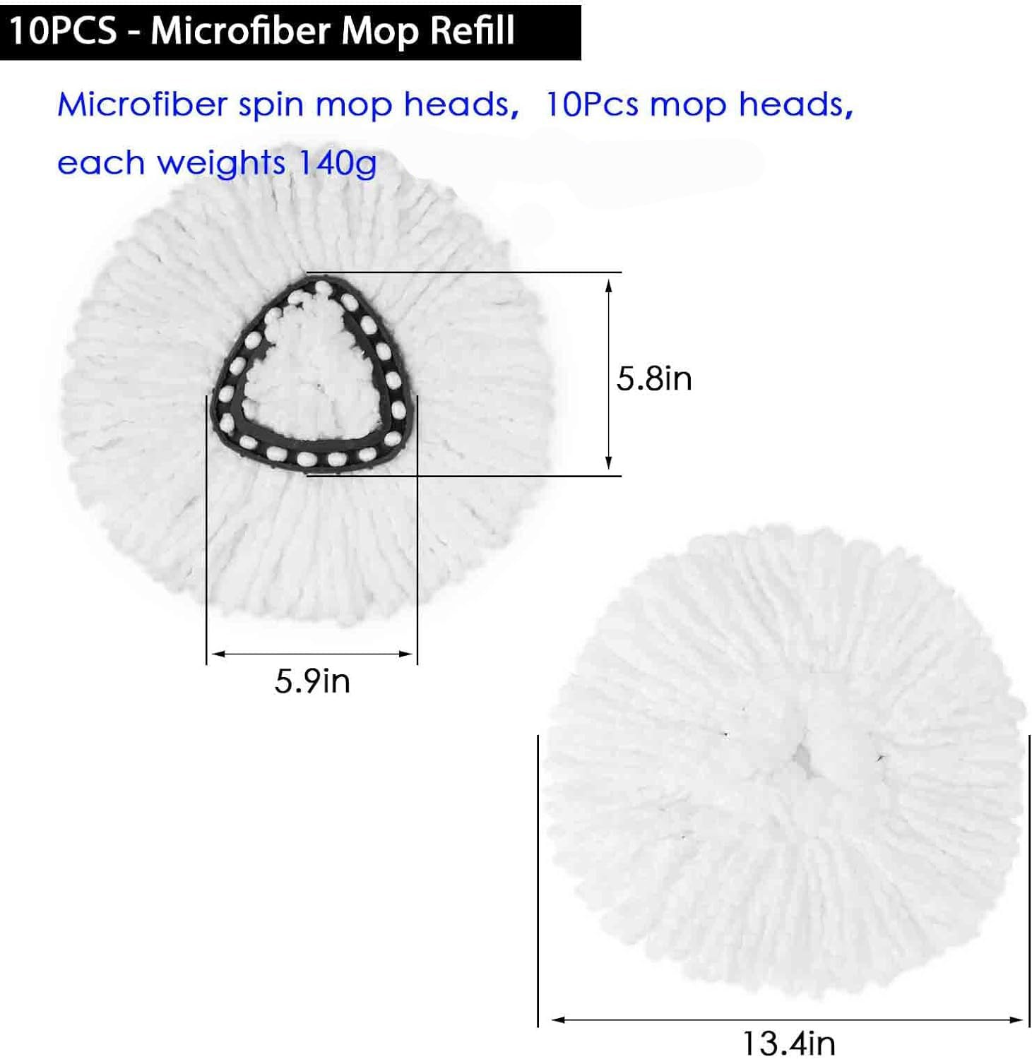 10-Pack Spin Mop Replacement Heads - 100% Microfiber Refills for Triangle Spin Mops - Easy Wring Floor Cleaning Pads - White - Perfect for Hardwood, Tile & Laminate Floors