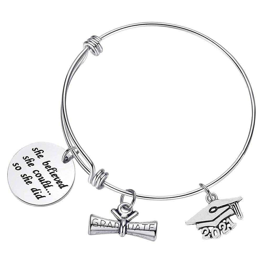 Brteyes 2021 Inspirational Graduation Bracelet - 'She Believed She Could So She Did' Adjustable Quote Bracelet - Perfect College Graduation Gift for Women - Ideal for Graduation Ceremonies, Parties & Celebrations