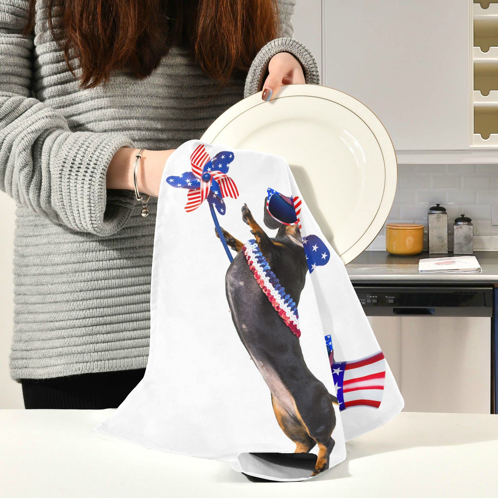 American Flag Patriotic Dachshund Sausage Dog Kitchen Towels - Set of 6 Absorbent 18x28in Dish Cloths for Drying Dishes | Cute Kitchen Decor for Home, RV & Cabin