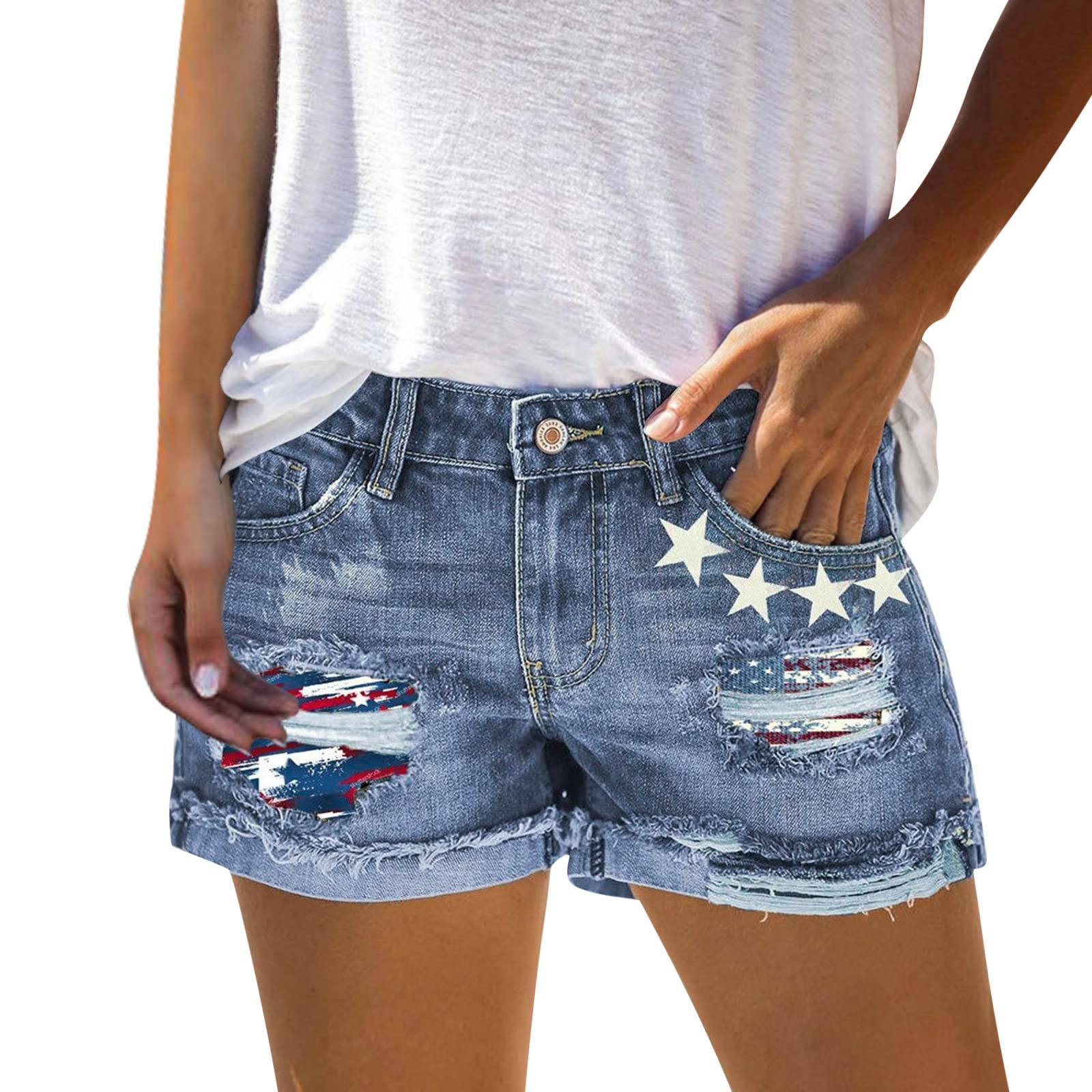 4th of July Women's American Flag Printed Denim Shorts - High Waisted Patriotic Summer Shorts for BBQ, Beach & Independence Day Celebrations