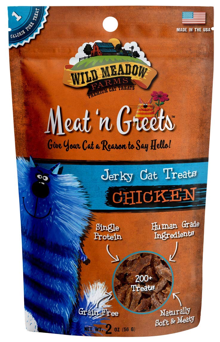 Wild Meadow Farms Cat Treats - Meat 'N Greets Soft Jerky Chicken Flavor - High Protein Cat Snacks for Training, Rewards & Bonding - Grain Free, Natural Ingredients for Healthy Cats - Perfect for Indoor & Outdoor Cats