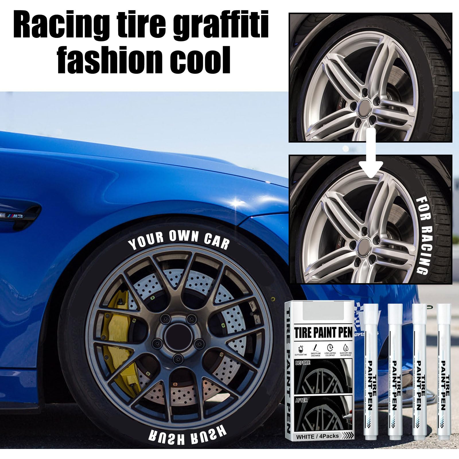 4Pcs White Waterproof Tire Paint Pens for Car Wheels - Durable Tire Lettering Marker for DIY Customization, Auto Detailing & Touch-Ups