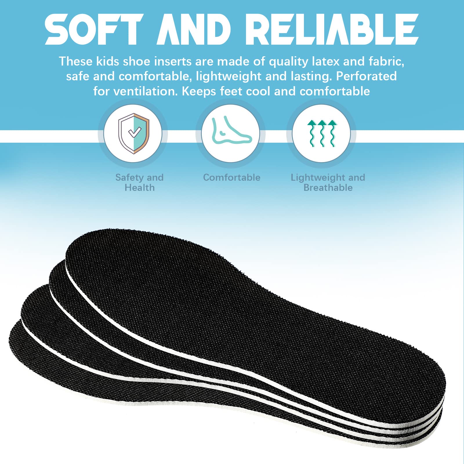 Eurzom 2 Pairs Kids Memory Foam Shoe Insoles - Breathable Washable Latex Inserts for Children & Toddlers, Soft Cushioning Support for Boys & Girls - Perfect for Spring & Summer Shoes (Black) | Ideal for School, Sports & Daily Comfort