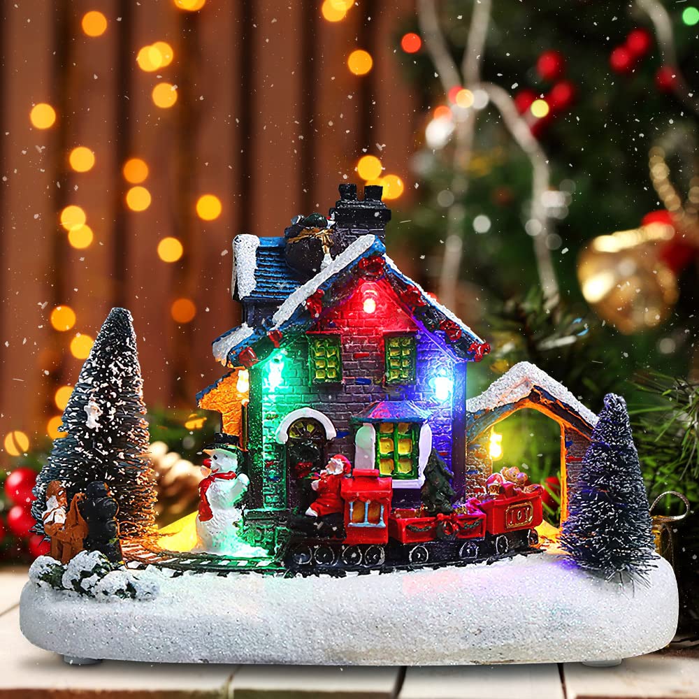Christmas Village House Lamp - European-Style Resin Snow House Decor with Colorful LED Lights for Indoor & Outdoor Holiday Decorations | Perfect for Christmas Tree, Mantel, Tabletop & Yard Displays