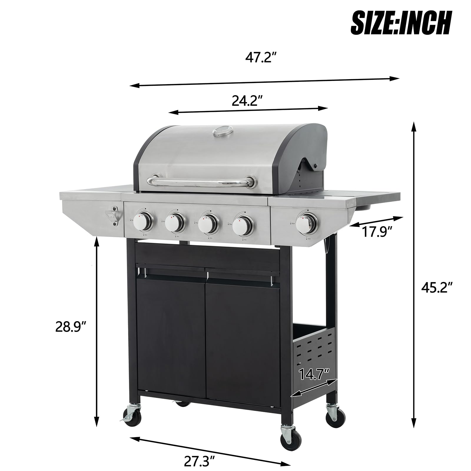 4 Burner Outdoor Propane Gas Grill with Side Burner & Built-in Thermometer - Stainless Steel BBQ Grill with Wheels for Backyard, Patio, Camping & Tailgating - Perfect for Family Gatherings, Outdoor Cooking & Grilling Parties