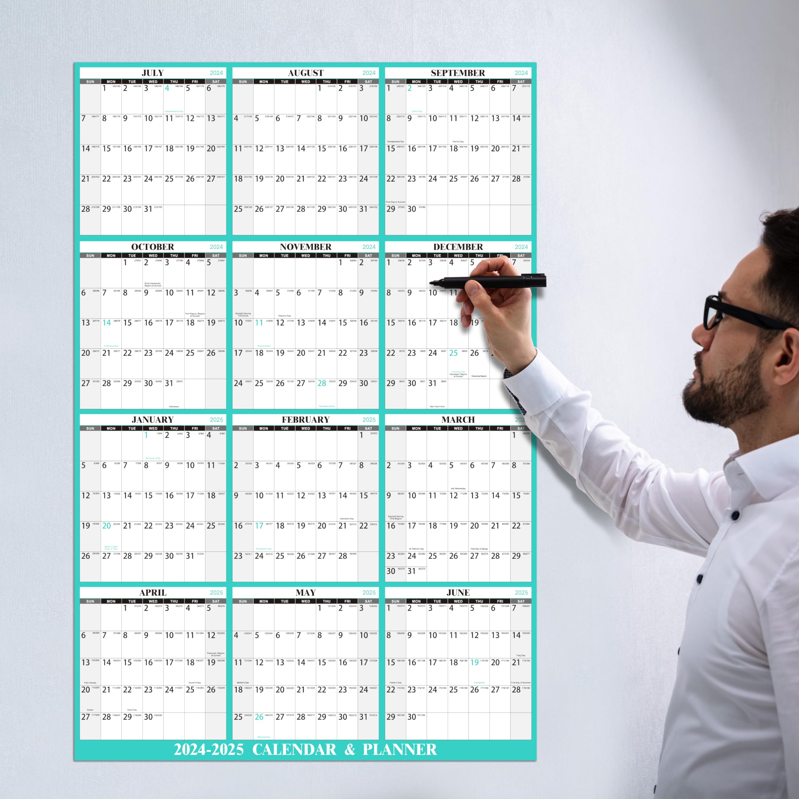 2024-2025 Dry Erase Wall Calendar - 12 Month Reusable Whiteboard Calendar from July 2024 to June 2025 with Julian Dates | Perfect for Office, Classroom & Home Planning | Green Design