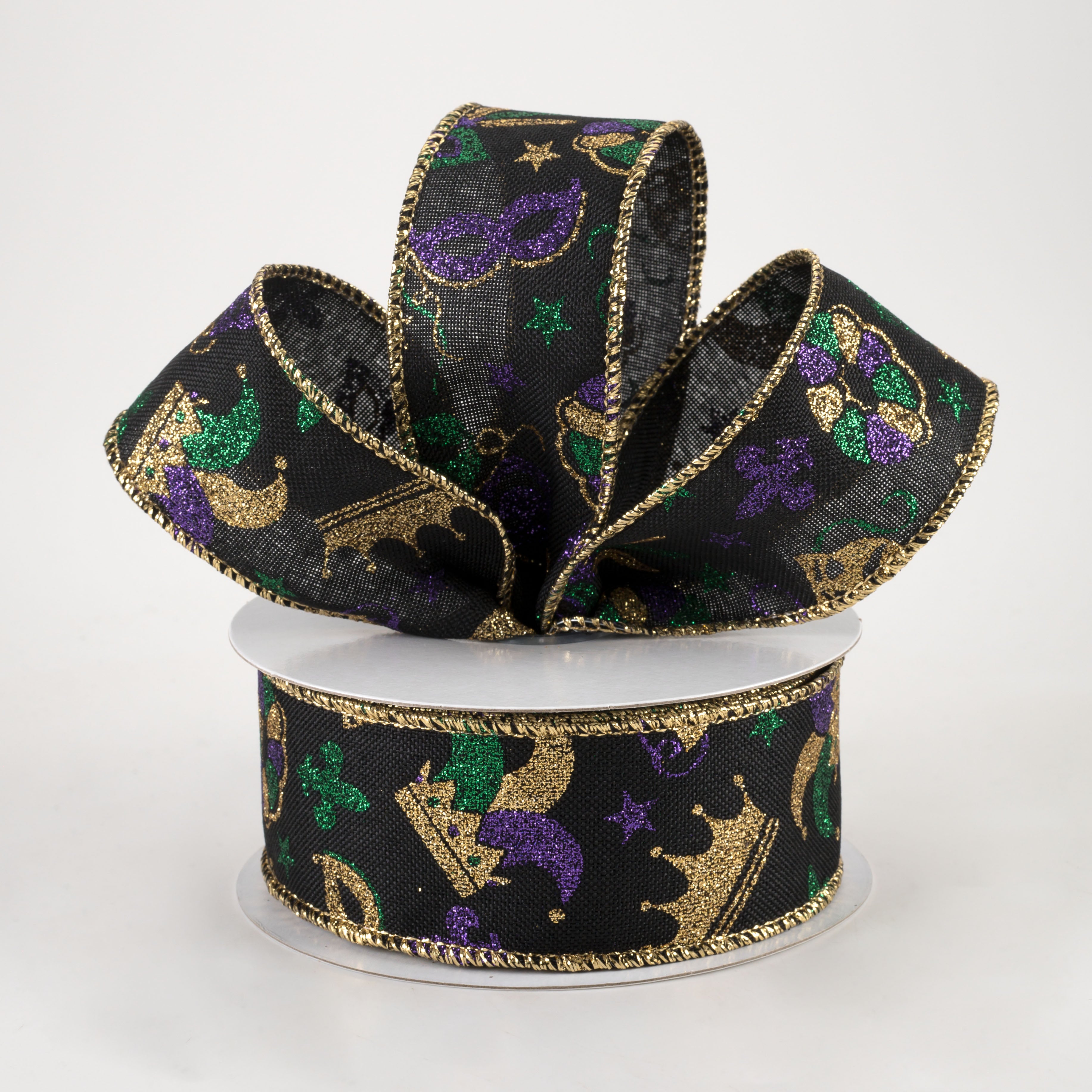 1.5 Inch Mardi Gras Pattern Ribbon - Black Decorative Ribbon (10 Yards) for Party Decorations, Gift Wrapping, and DIY Crafts