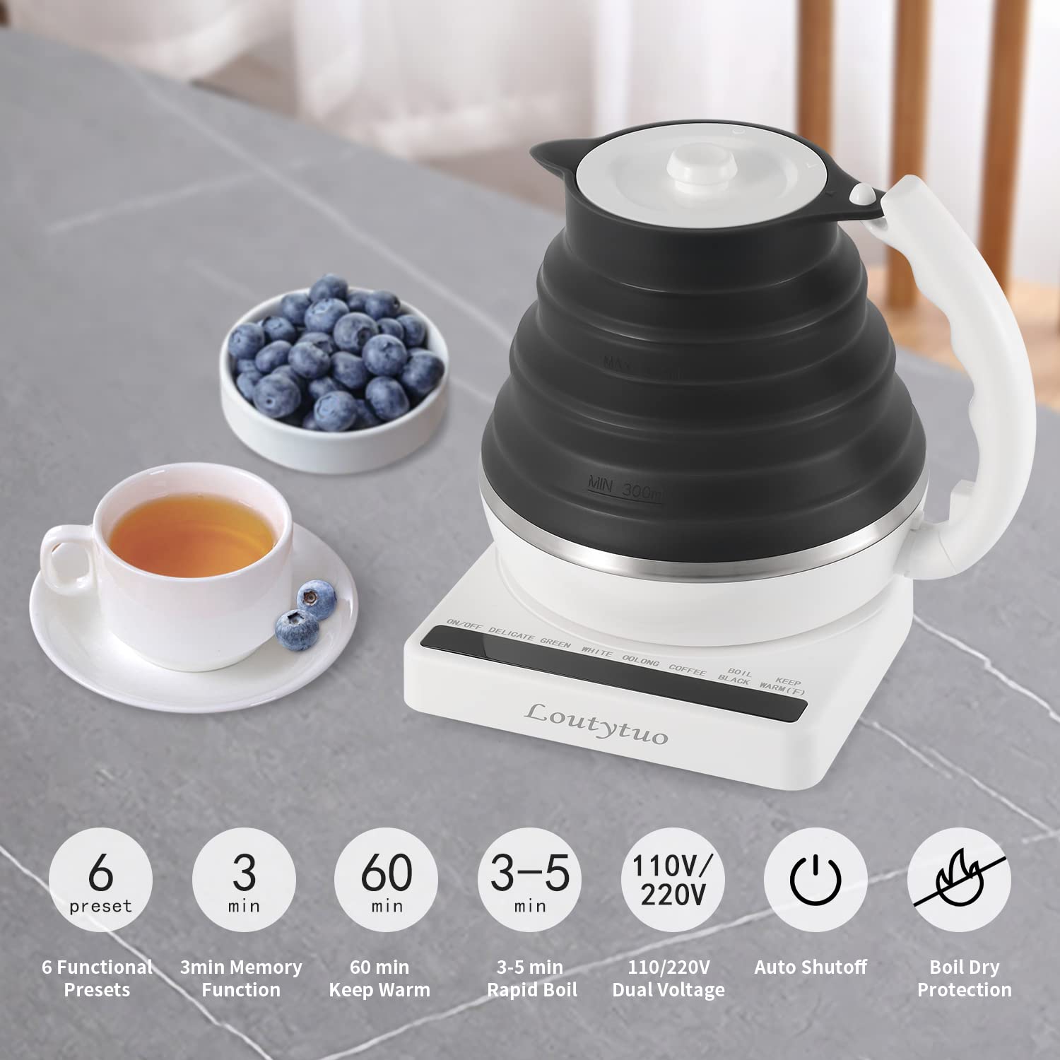 Ultra-Thin Food Grade Silicone Travel Foldable Electric Kettle - 555ML, Variable Temperature Control, Dual Voltage (110V-220V), Auto Shutoff, Boil-Dry Protection & Keep Warm - Perfect for Camping, Dorm Rooms, Office & International Travel (US Plug)
