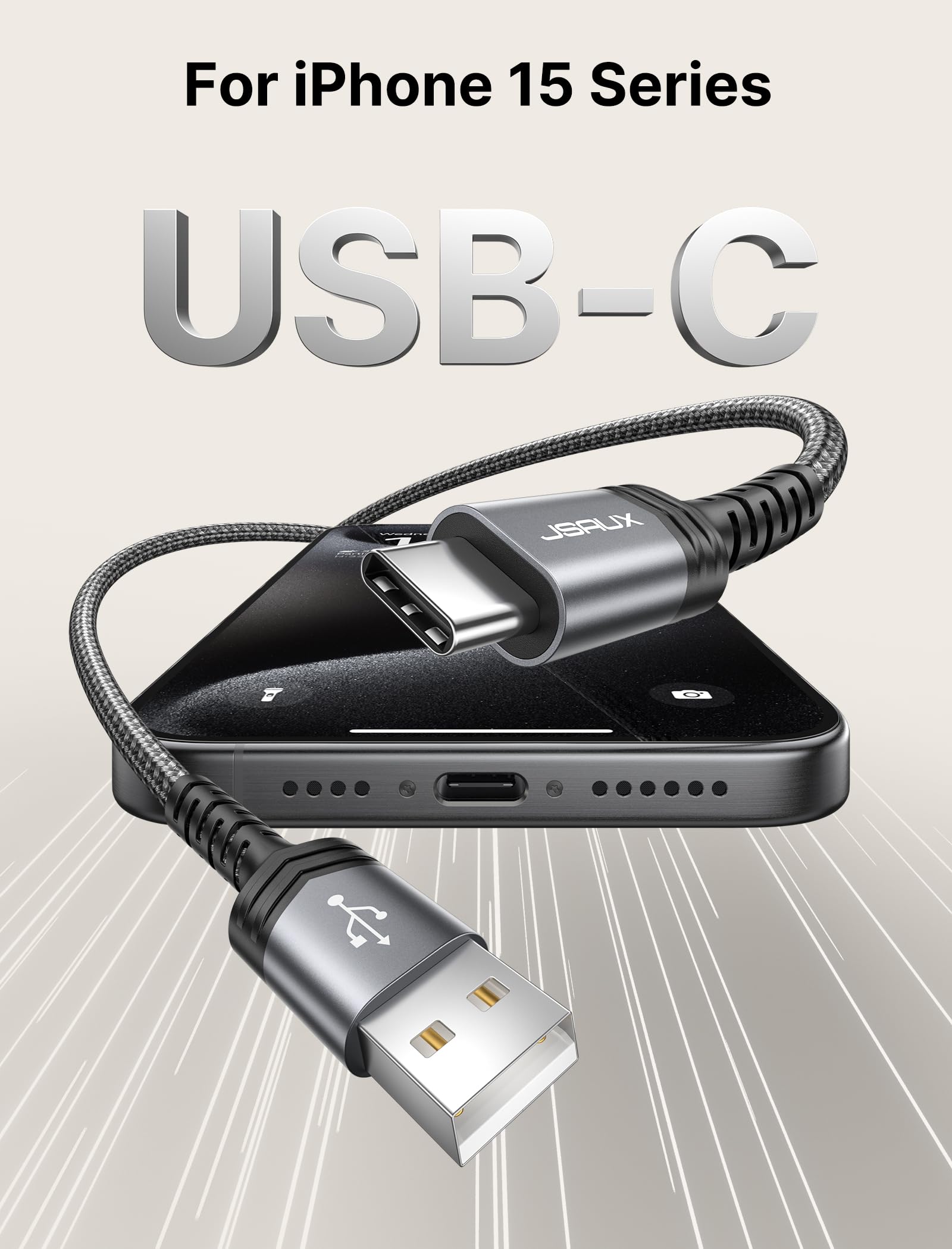 JSAUX USB C to USB A Cable 2-Pack 10ft Fast Charging Cord 3.1A | Compatible with iPhone 16/15 Series, Samsung Galaxy S20/S10/S9, Note 20/10 | Car Play, Home & Office Charging - Grey