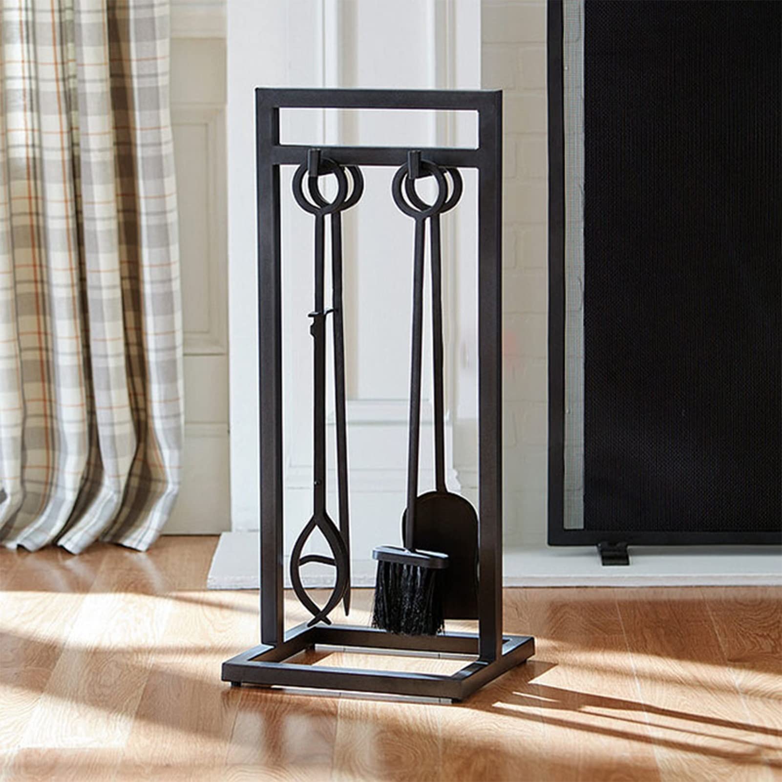 5-Piece Rustic Fireplace Tool Set with Ring Handles - Heavy Duty Iron Fire Pit Accessories for Indoor/Outdoor Use - Includes Log Holder & Poker - Perfect for Fireplace, Campfire & Backyard Gatherings