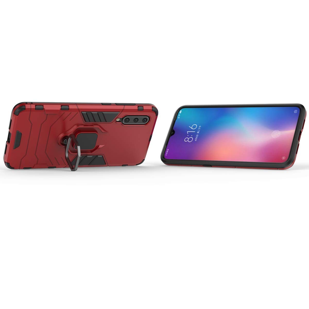 LuluMain Shockproof Hard Bumper Case for Xiaomi Mi 9 - Metal Ring Grip & Kickstand | Compatible with Magnetic Car Mount | Dual Layer Rugged Cover (Red) - Perfect for Daily Protection, Outdoor Activities & Hands-Free Viewing