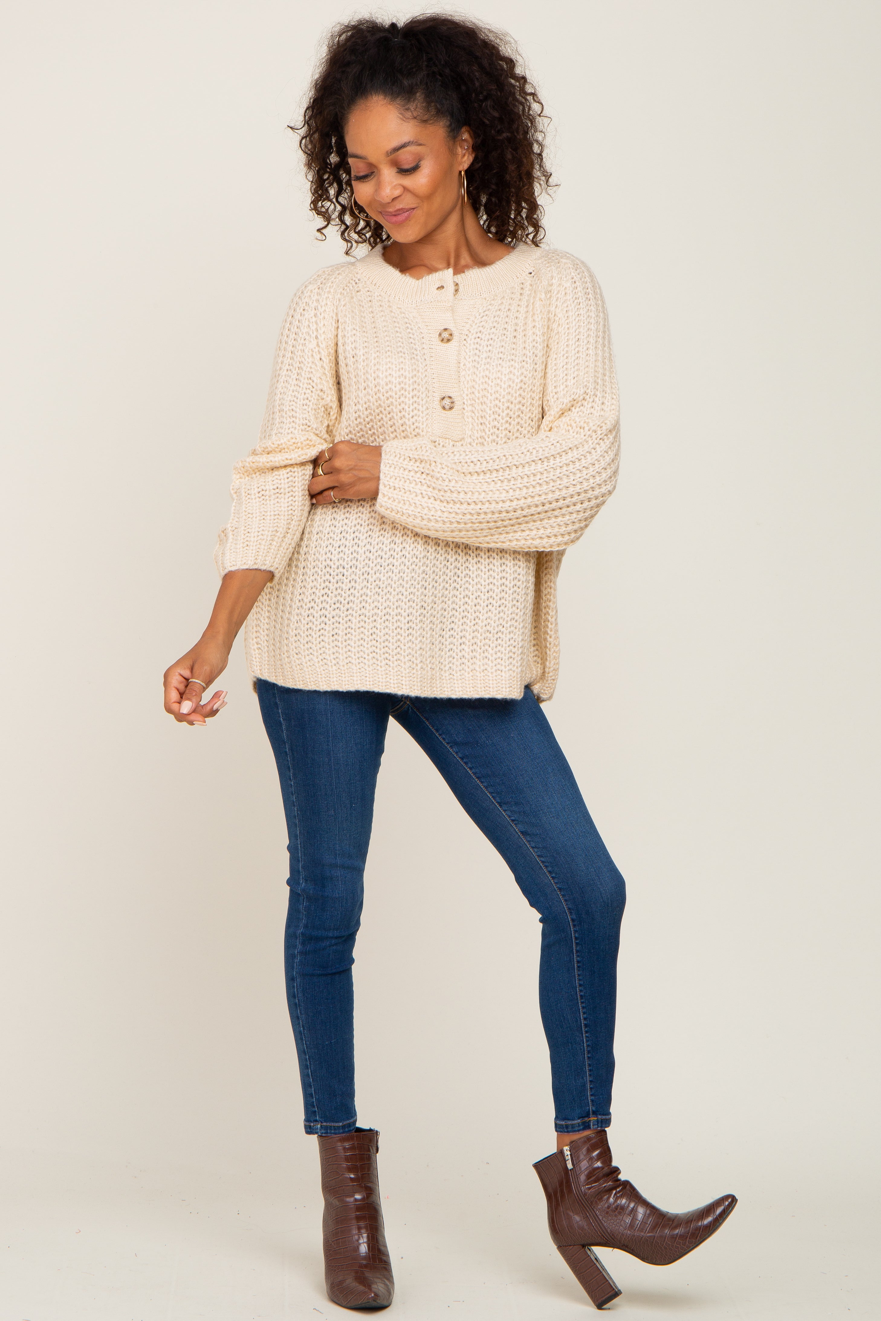 Beige Open Knit Button Front Cardigan Sweater for Women - Cozy Lightweight Pullover for Fall & Winter - Perfect for Office, Date Night and Casual Outings