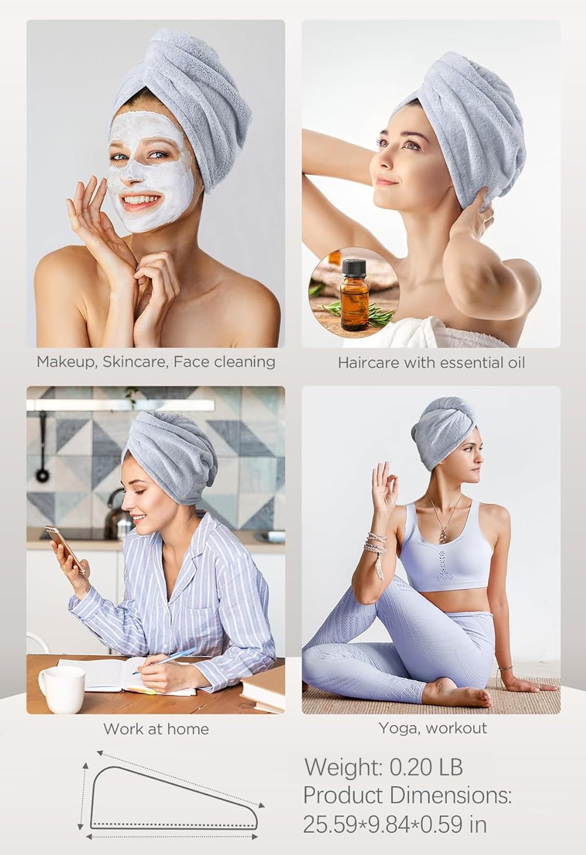 Hicober 3-Pack Microfiber Hair Towel Wrap for Women - Soft Anti-Frizz Hair Turban for Wet & Curly Hair - Quick Dry Hair Towel (Blue, Grey, Pink) - Perfect for Post-Shower, Salon Styling & Travel