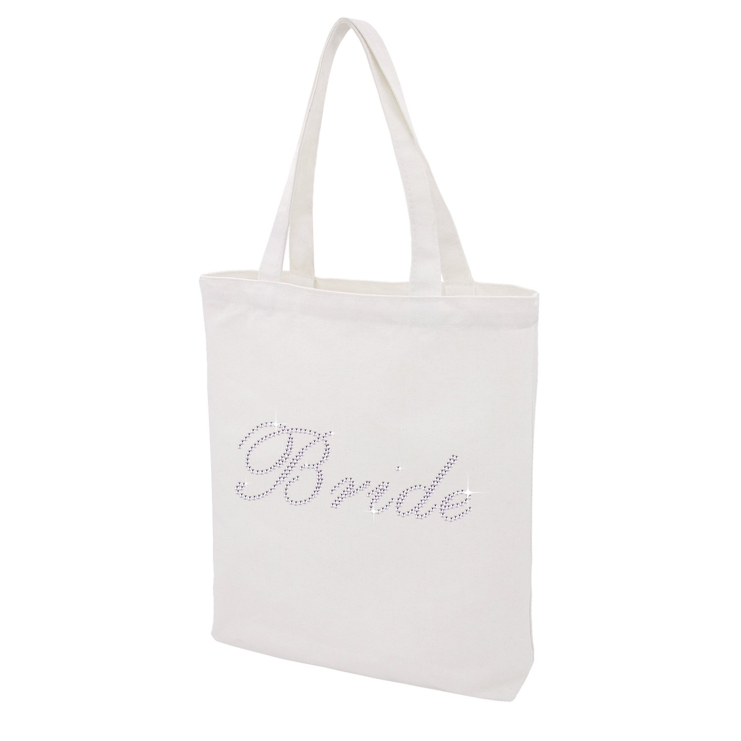 Custom Rhinestone Bridal Tote Bag for Bride & Bridesmaids - Elegant Crystal Cotton Wedding Shower Gift - Perfect for Bachelorette Parties, Bridal Showers & Wedding Day Essentials (White - Bride)