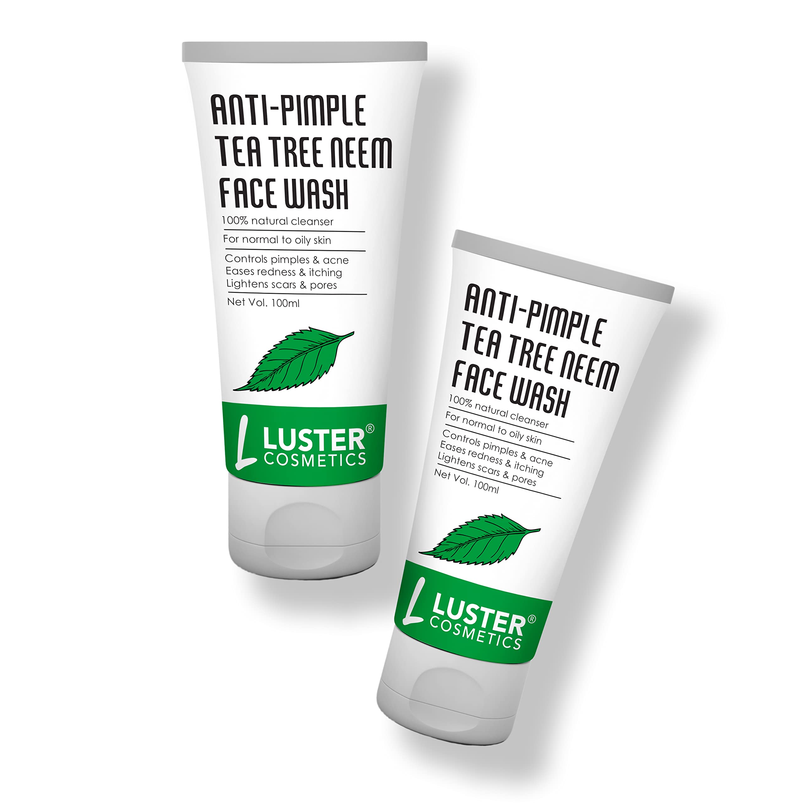 Luster Cosmetics Tea Tree & Neem Anti-Acne Face Wash | Organic Formula for Pimple Reduction & Clear Skin | Paraben-Free, Sulfate-Free | Suitable for All Skin Types | 100ml (Pack of 2) | Perfect for Daily Skincare Routine & Acne-Prone Skin Care