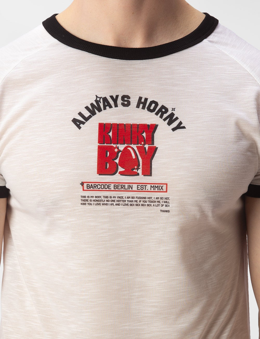Barcode Berlin Always Horny Kinky Boy Graphic T-Shirt - White Cotton Unisex Tee for Nightclubs, Parties & Alternative Fashion