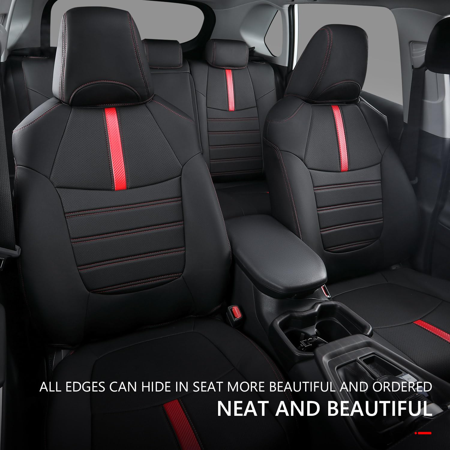 Premium PU Leather Car Seat Covers for 2019-2025 Toyota RAV4 | Compatible with Hybrid XSE SE XSE Prime Models | Waterproof & Anti-Slip Seat Protectors | Perfect for Daily Commute, Road Trips & Family Adventures (Black + Red)