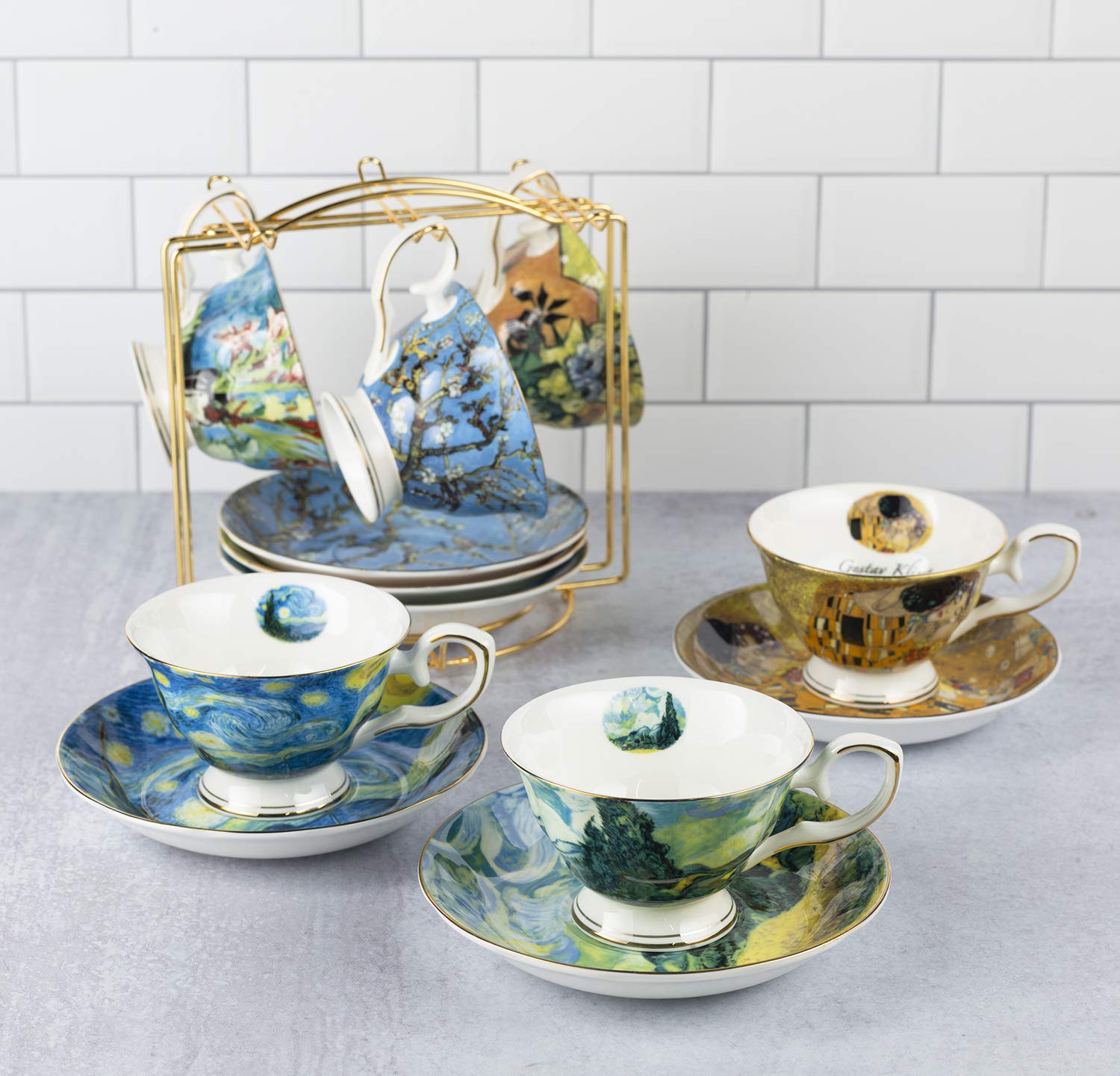 Van Gogh Bone China Coffee Cup and Saucer Set - 6-Piece 8-Oz Art Mugs with Display Rack & Gift Box - Elegant Tea & Coffee Serving Set for Home, Office, and Gifts